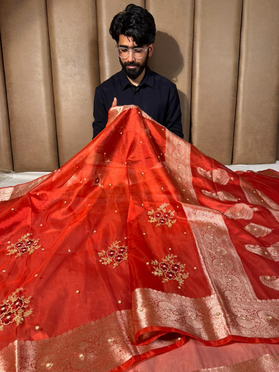 Metallic Red Kora Tissue Silk Premium Handwork Saree
