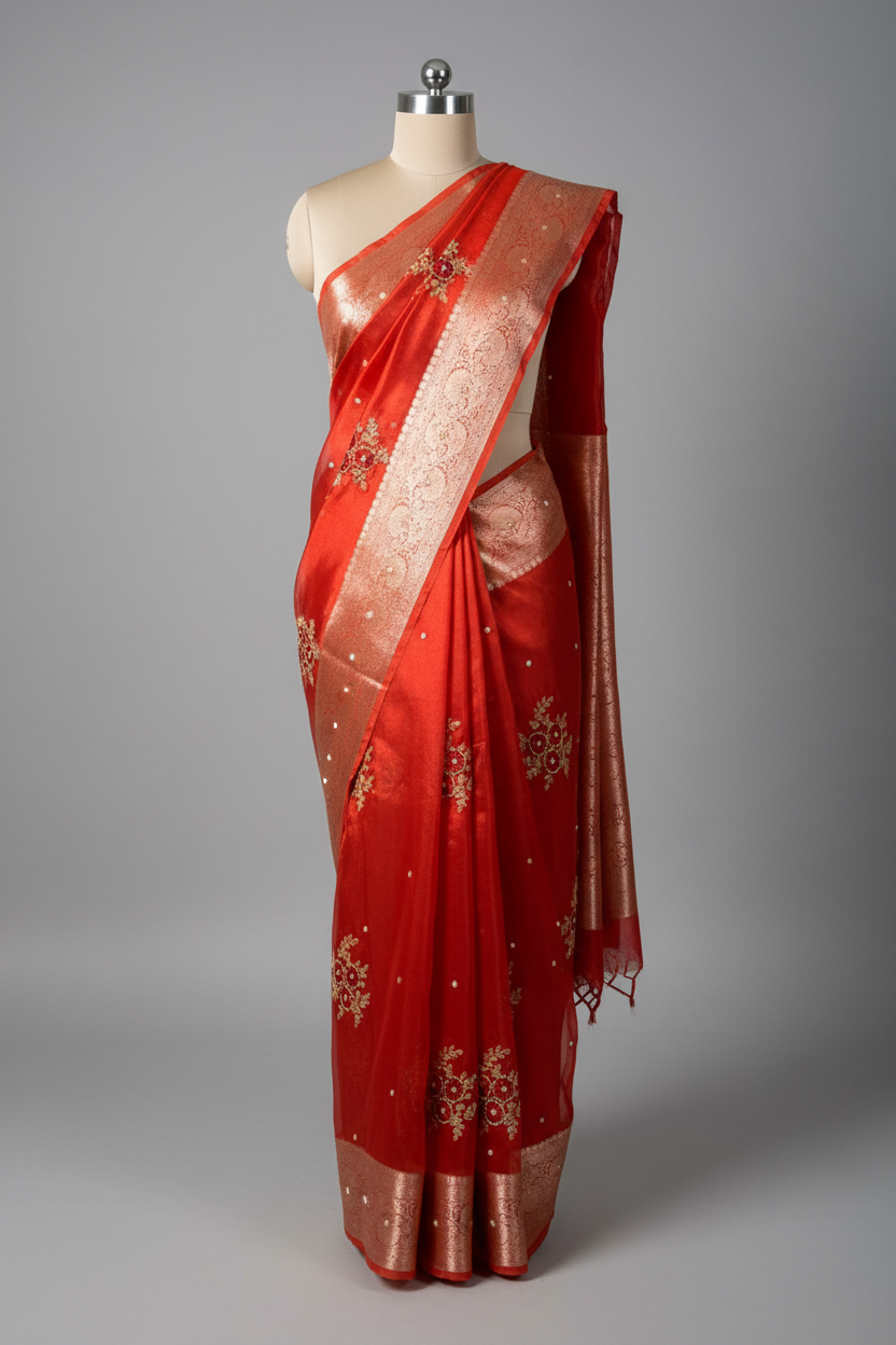 Metallic Red Kora Tissue Silk Premium Handwork Saree