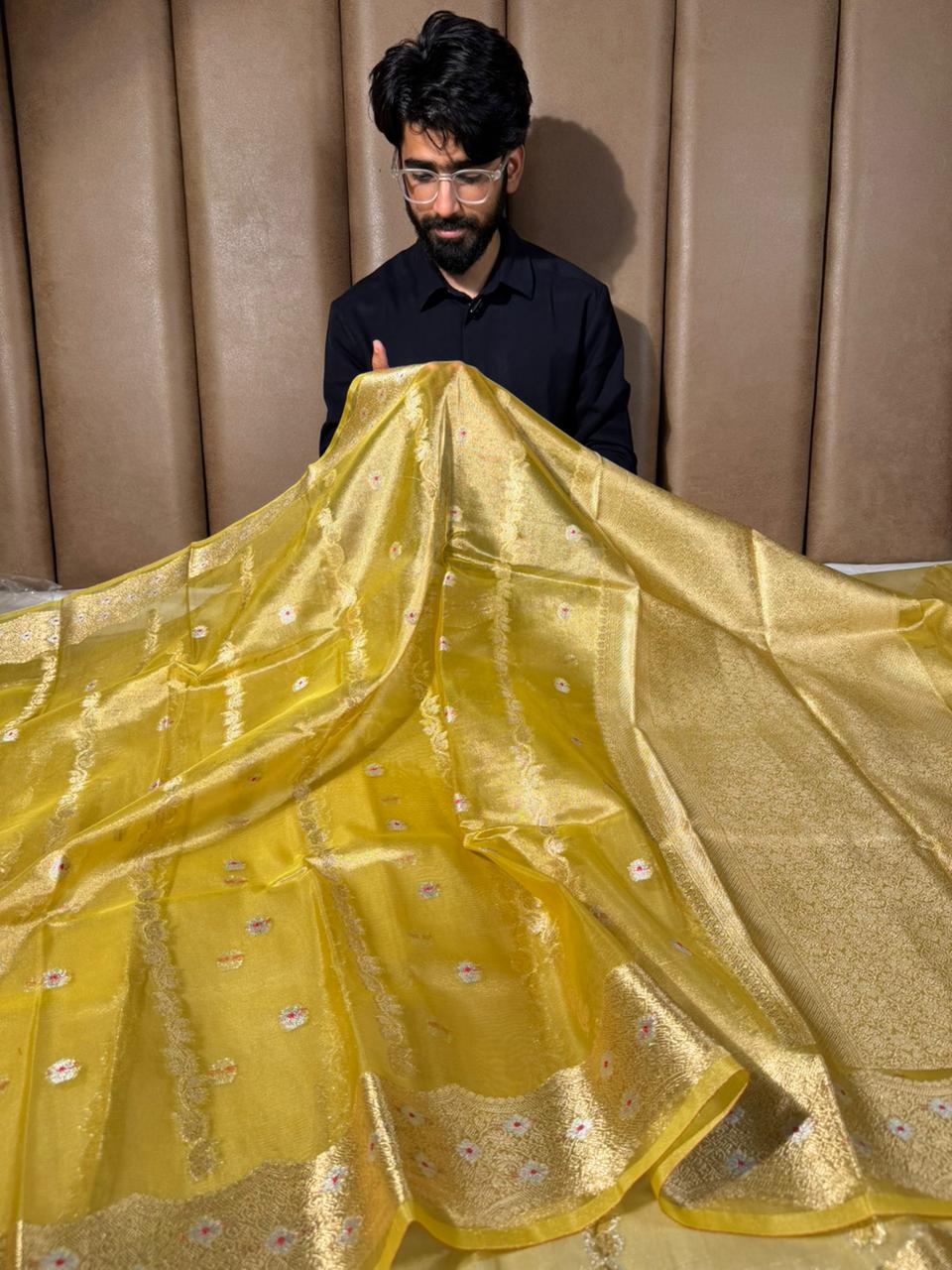 Lemon Yellow Contemporary Kora Tissue Silk Banarasi Saree
