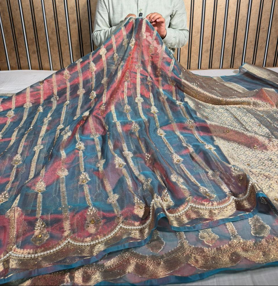 German Blue Scallop Tissue Silk Handwork Banarasi Saree