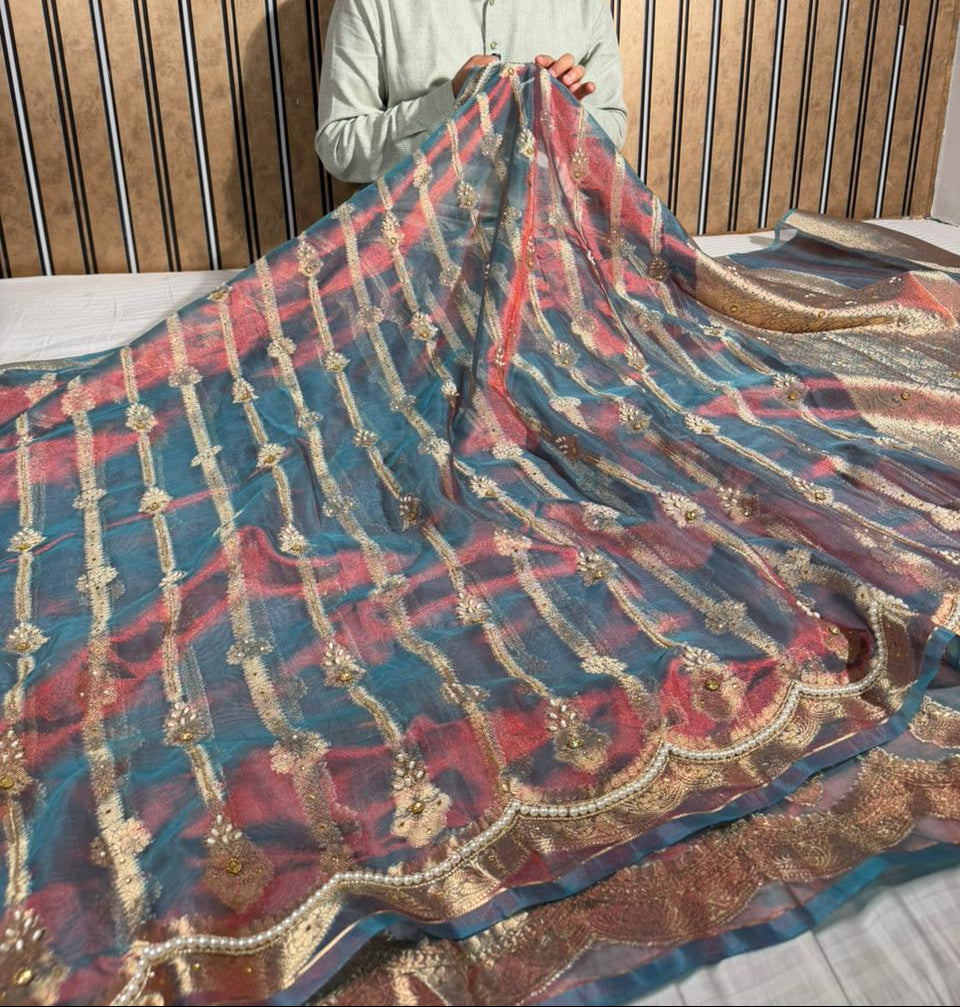 German Blue Scallop Tissue Silk Handwork Banarasi Saree