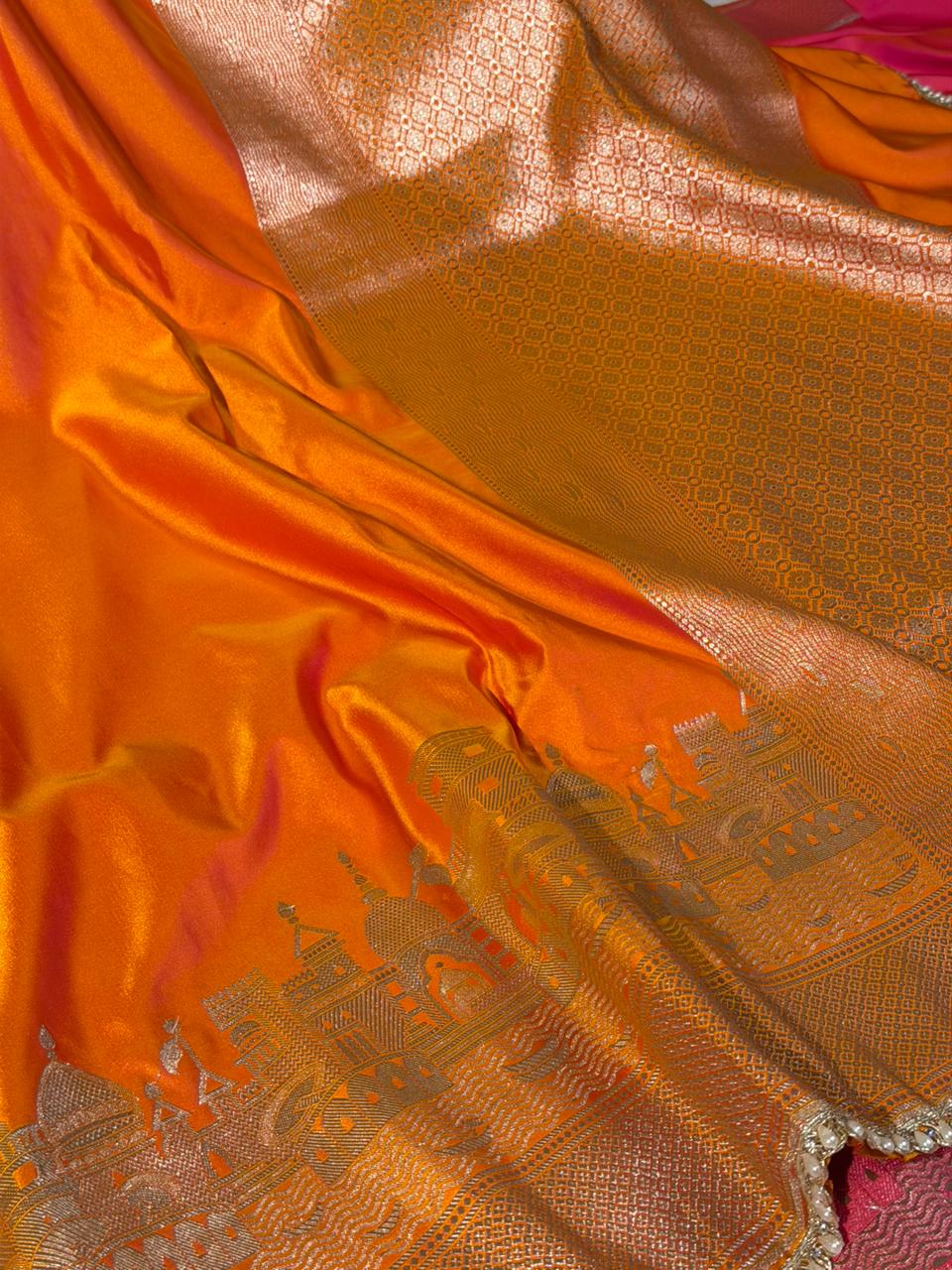Ghats Of Banaras Orange Mashru Katan Silk Saree