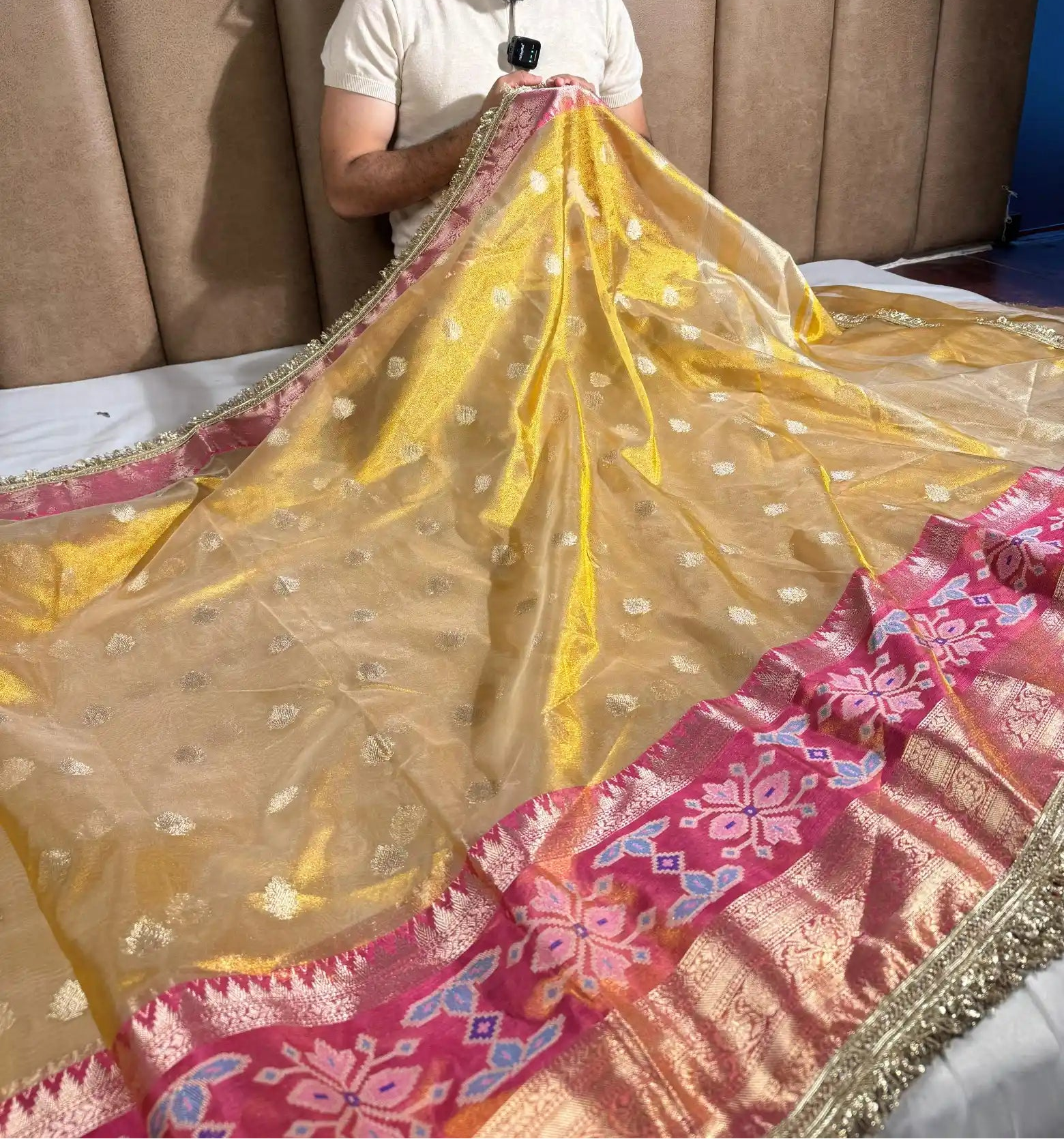 Golden Copper Tissue Silk Buta & Lace Work Banarasi Saree