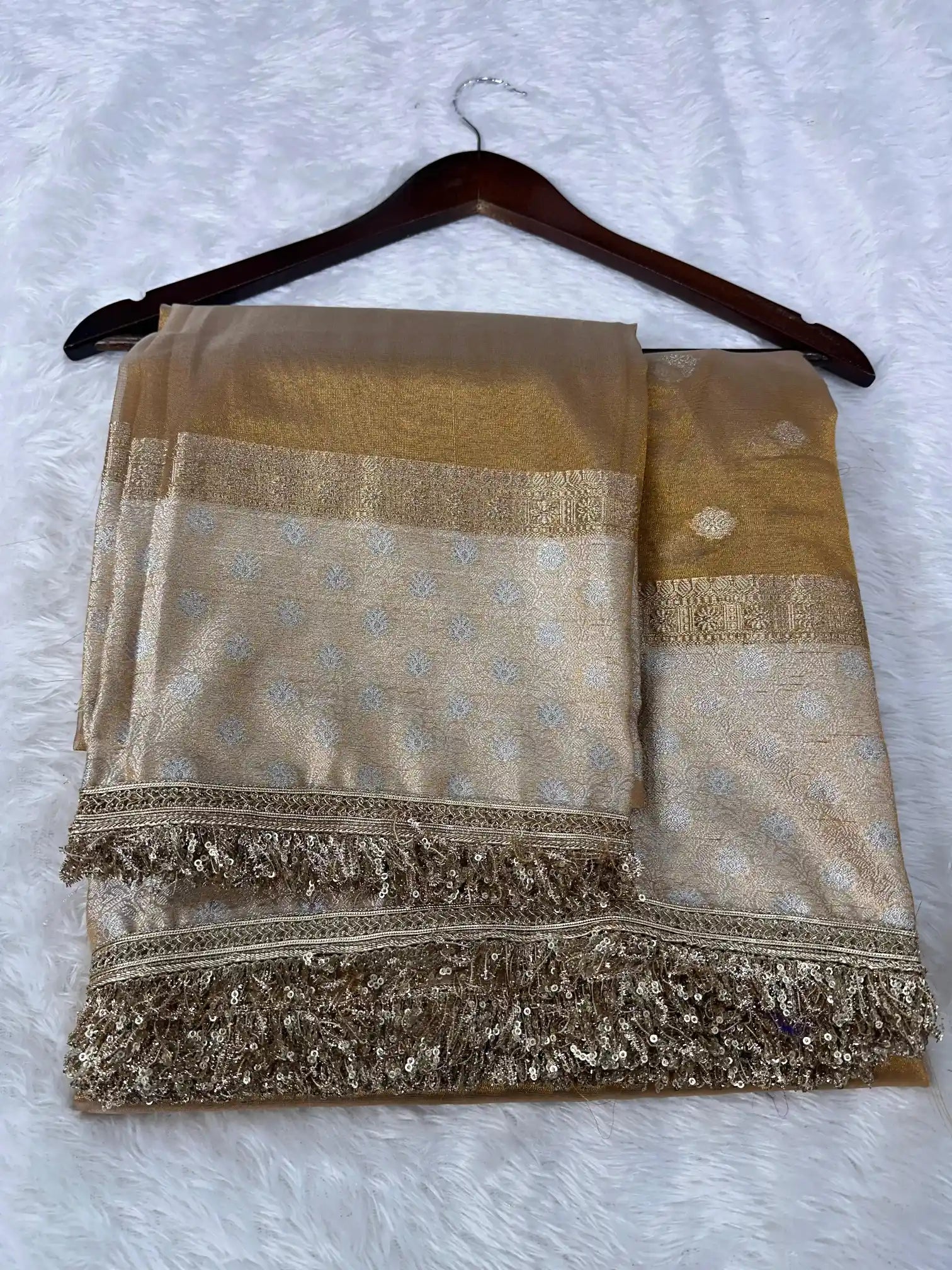 Golden Copper Tissue Silk Lace Work Banarasi Saree