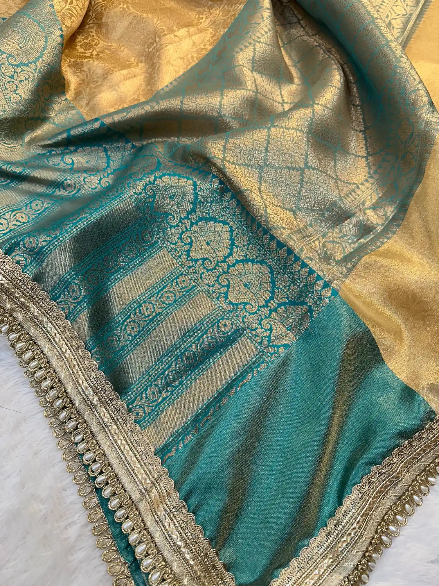 Golden Embossed Contrast Tissue Silk Lace Work Banarasi Saree
