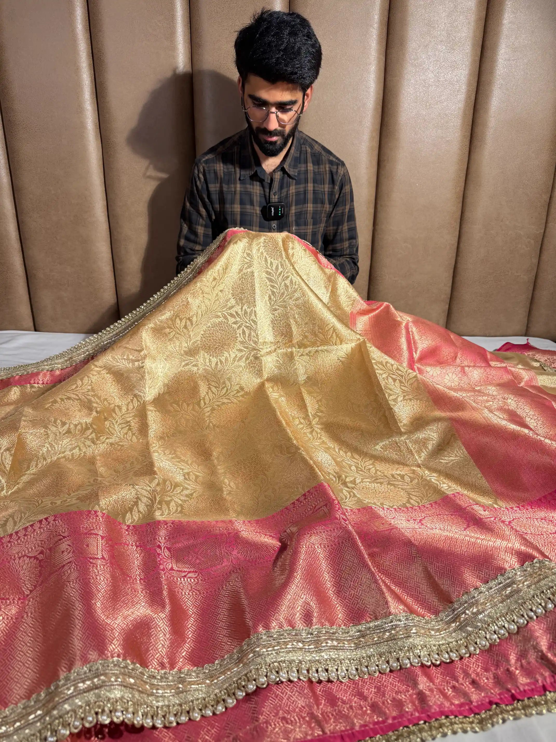 Golden Embossed Tissue Silk Lace Work Banarasi Saree