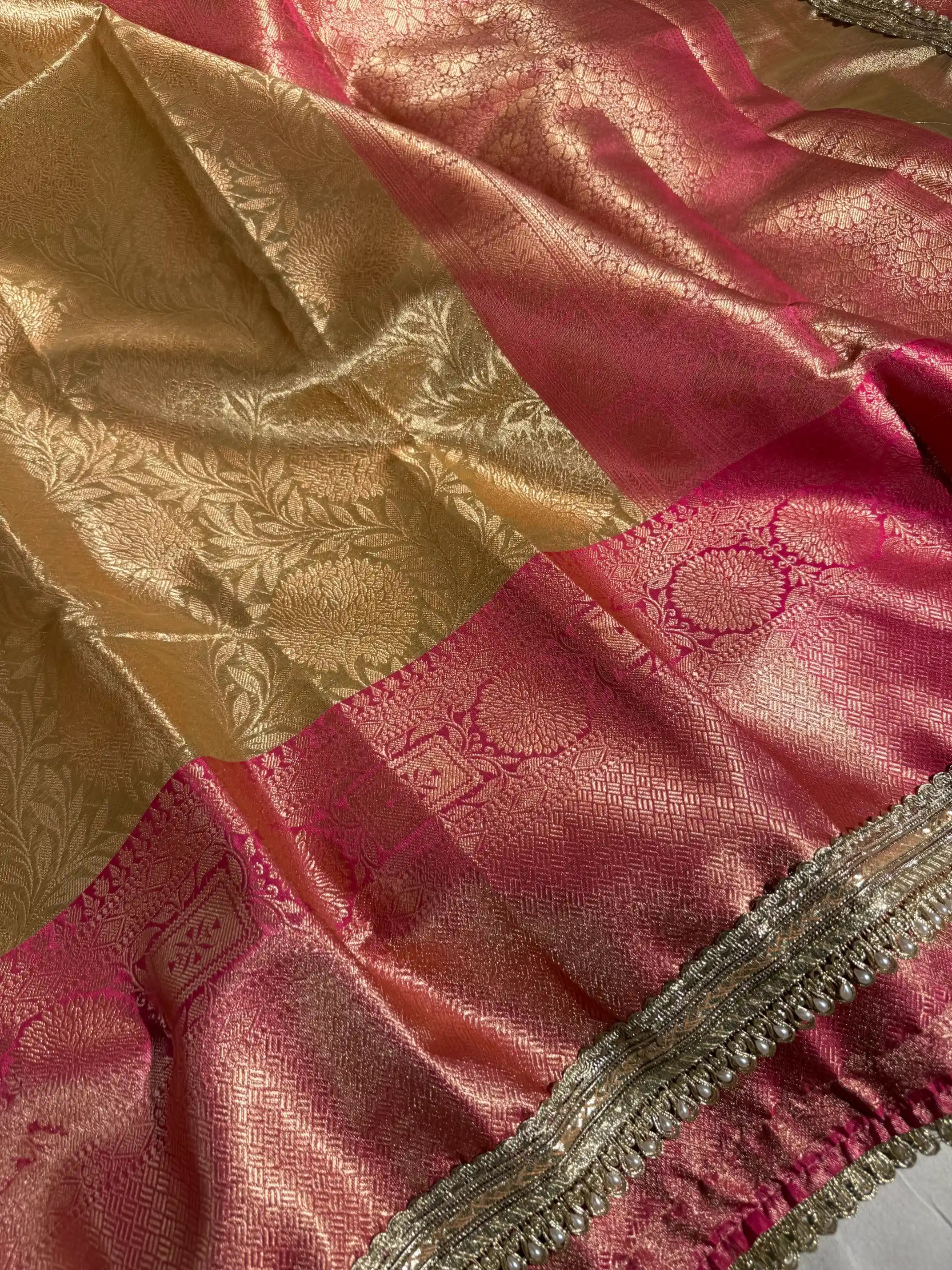Golden Embossed Tissue Silk Lace Work Banarasi Saree