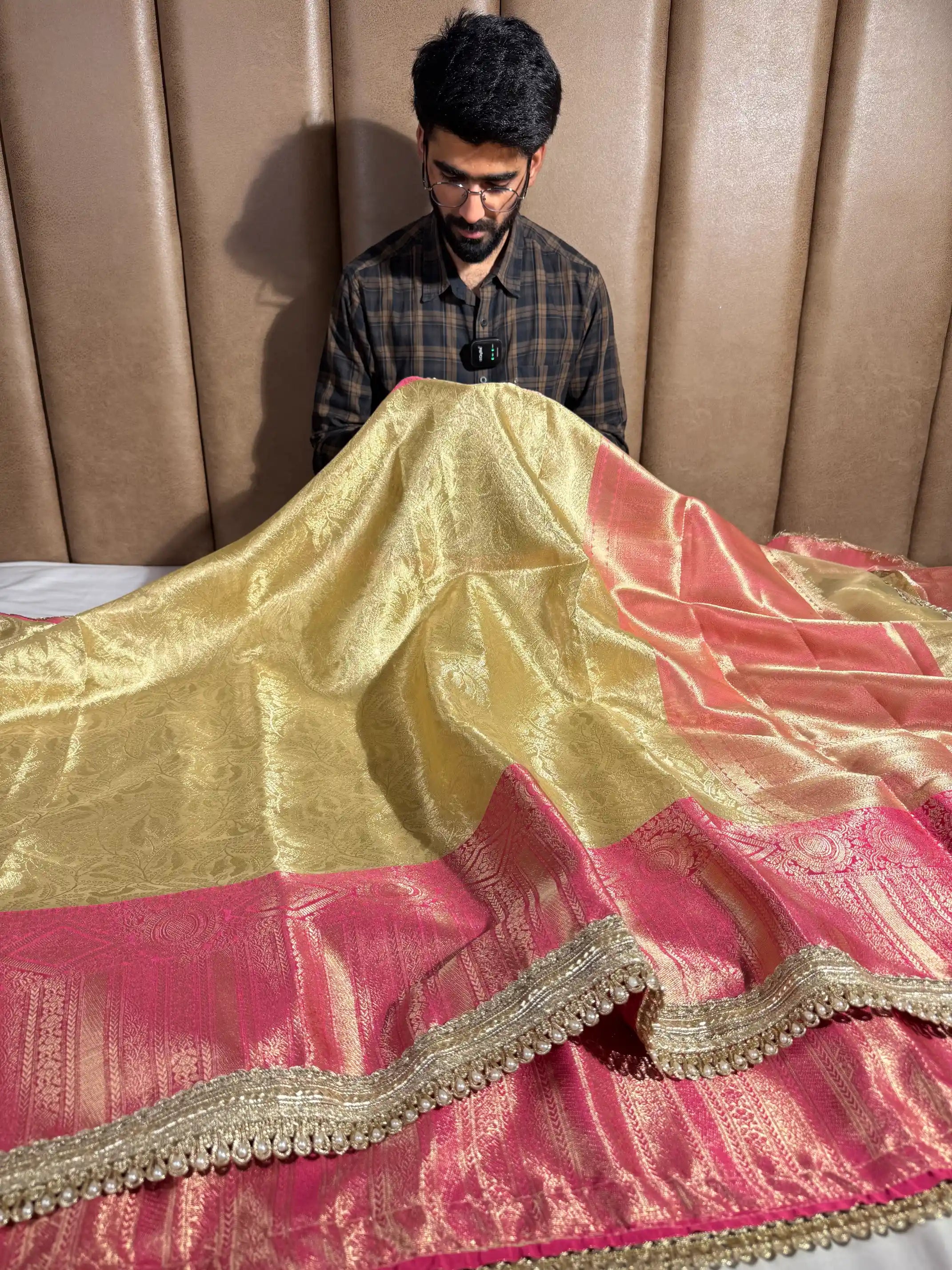 Golden Embossed Tissue Silk Lace Work Banarasi Saree