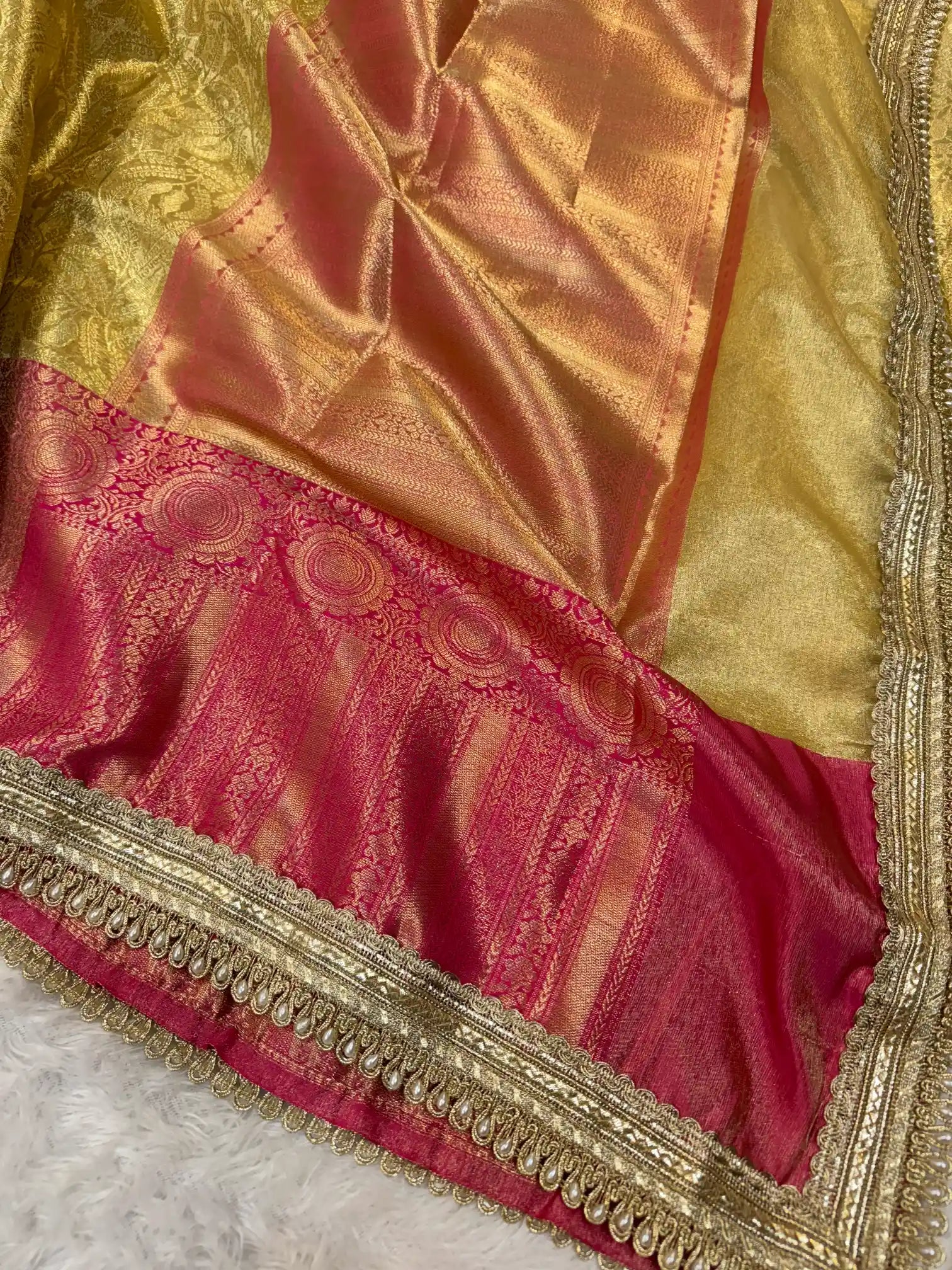 Golden Embossed Tissue Silk Lace Work Banarasi Saree