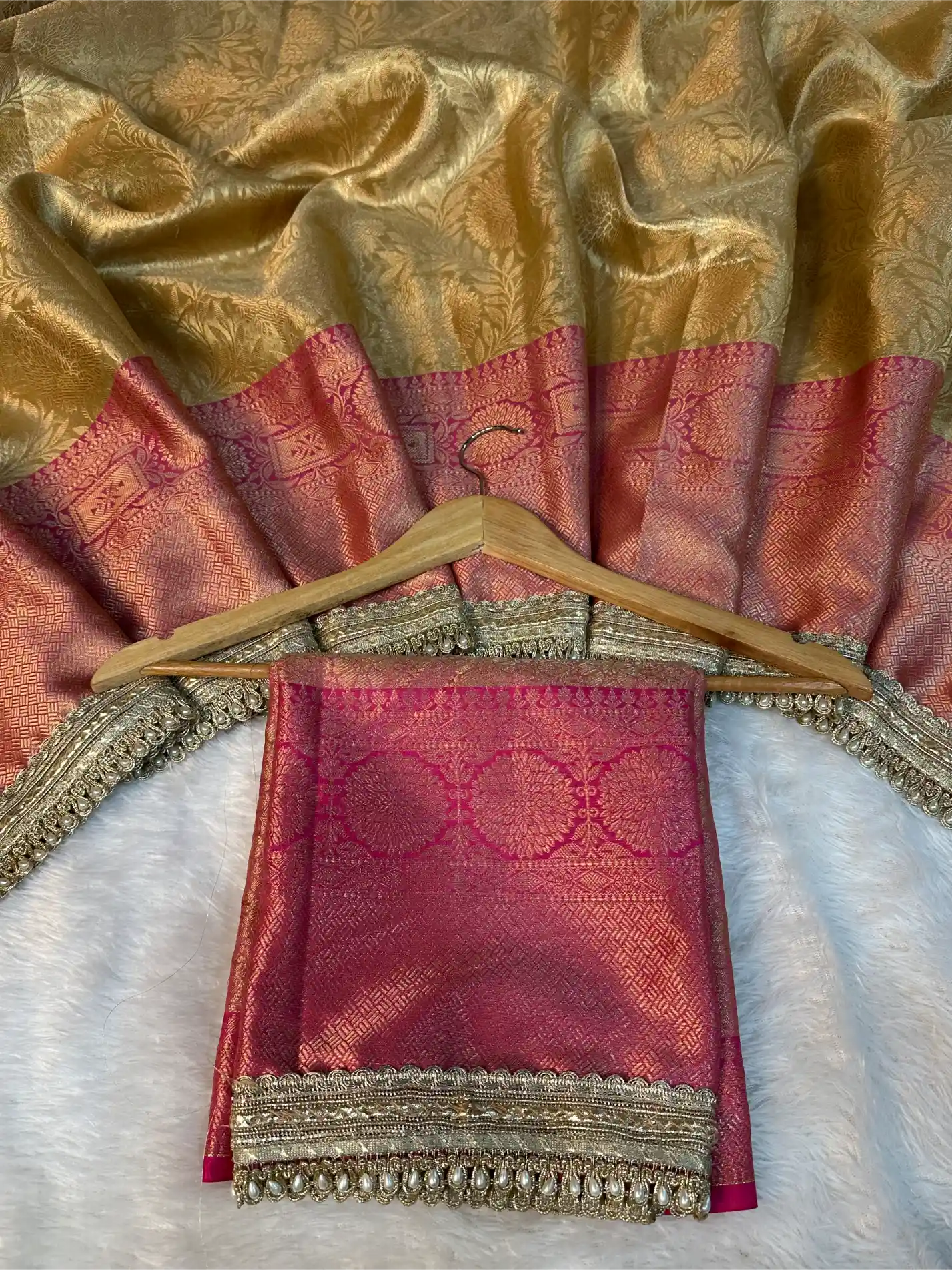 Golden Embossed Tissue Silk Lace Work Banarasi Saree