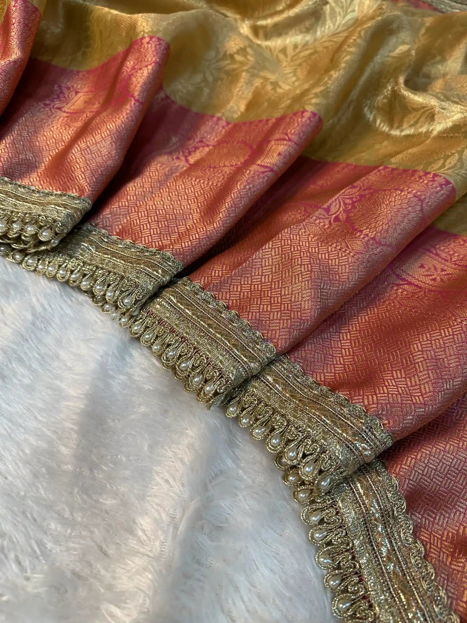 Golden Embossed Tissue Silk Lace Work Banarasi Saree