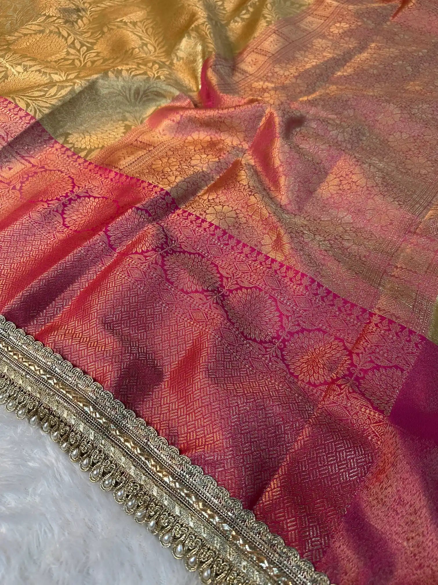 Golden Embossed Tissue Silk Lace Work Banarasi Saree