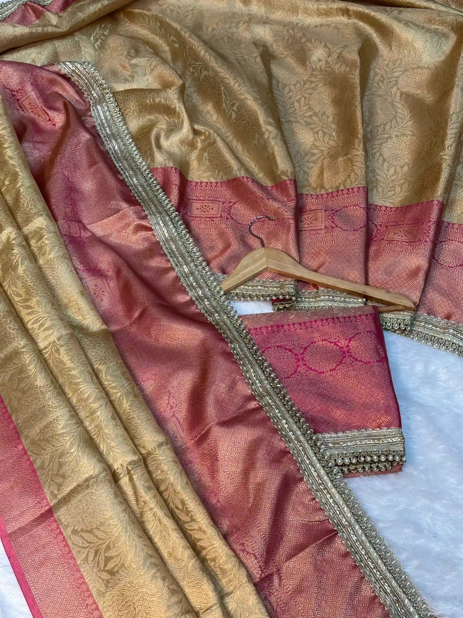 Golden Embossed Tissue Silk Lace Work Banarasi Saree