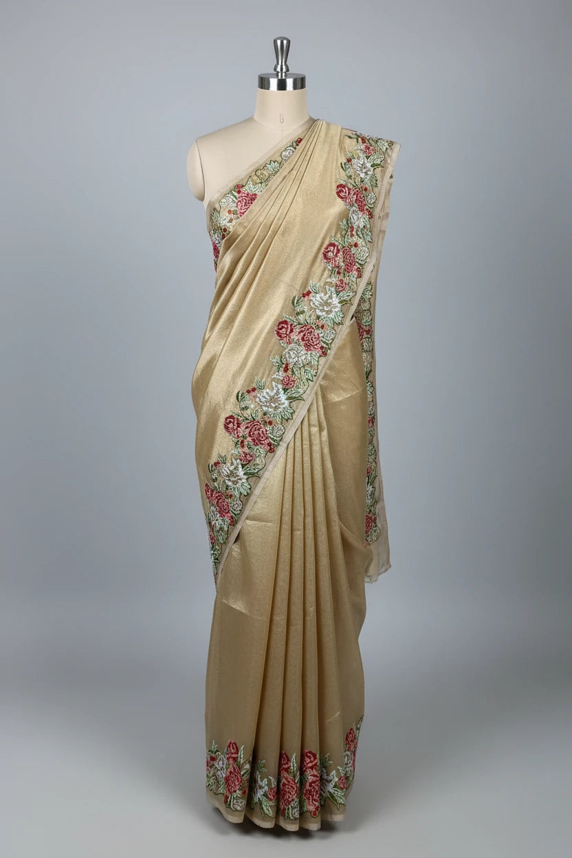 Golden Tissue Silk Crochet Banarasi Saree