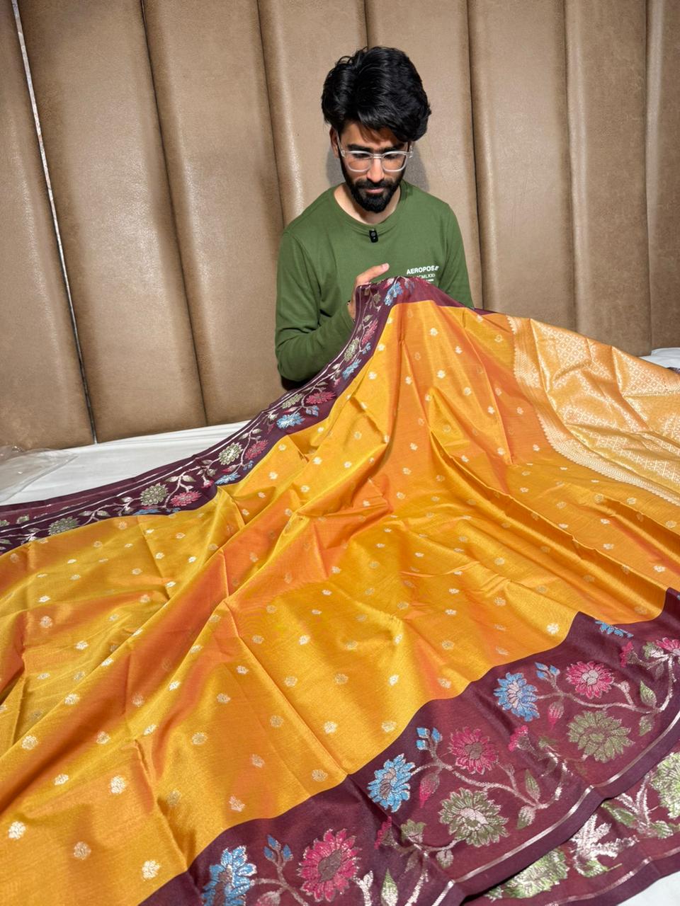 Goldfish Mustard Traditional Banarasi Silk Saree