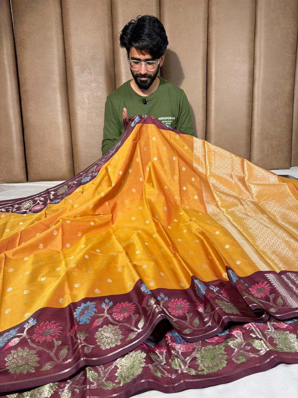 Goldfish Mustard Traditional Banarasi Silk Saree