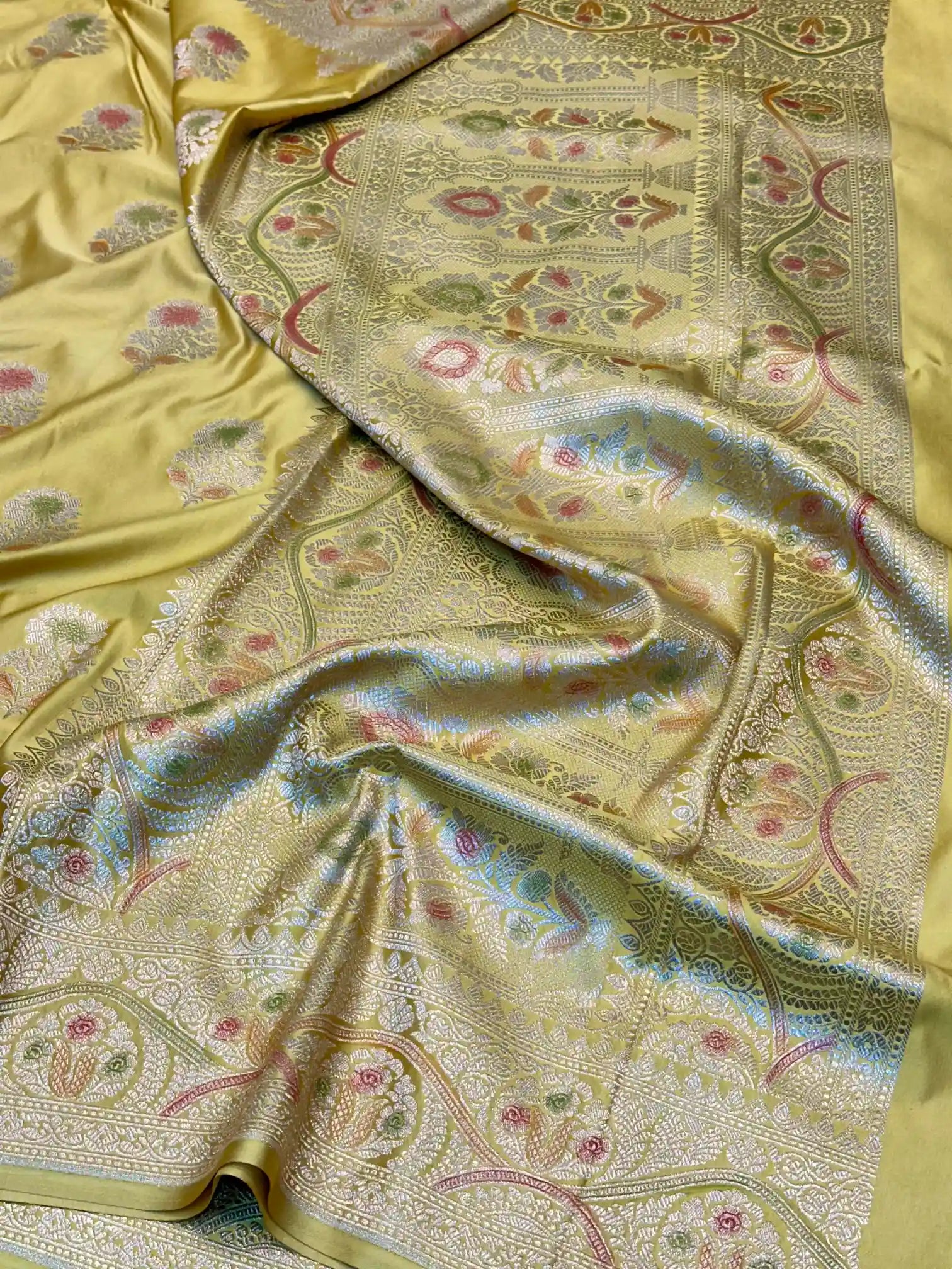 Goldish Yellow Handbrush Painted Mashru Katan Silk Banarasi Saree