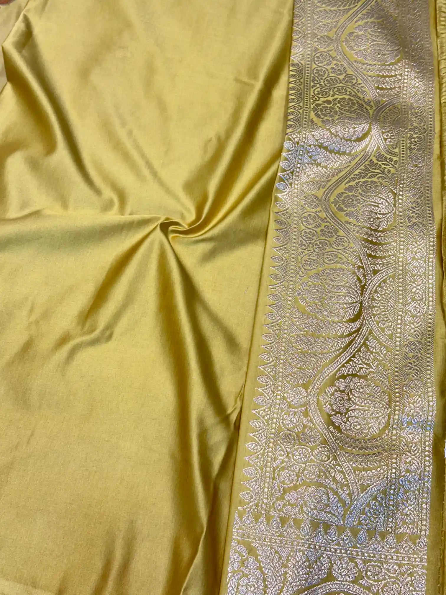 Goldish Yellow Handbrush Painted Mashru Katan Silk Banarasi Saree