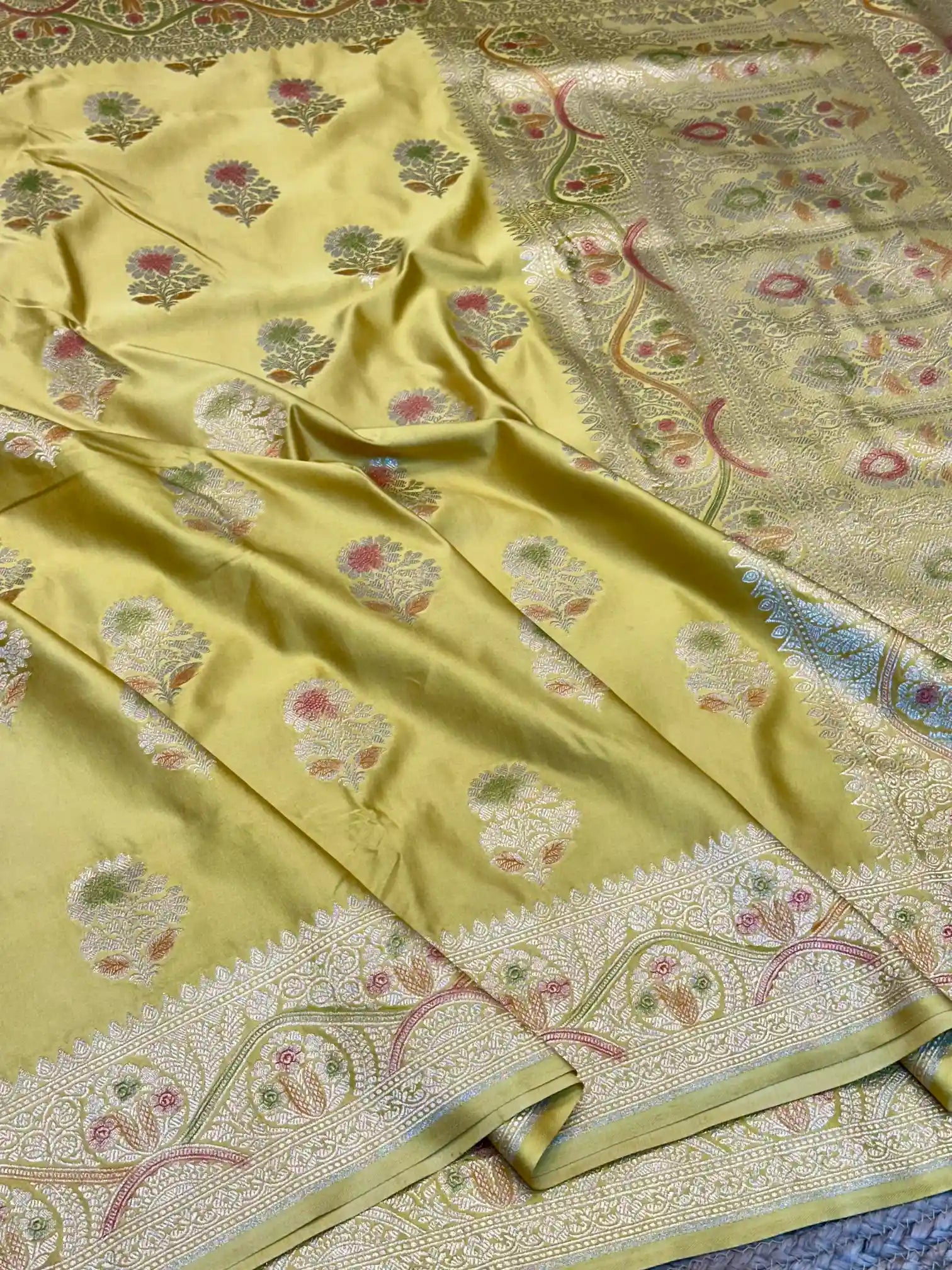 Goldish Yellow Handbrush Painted Mashru Katan Silk Banarasi Saree