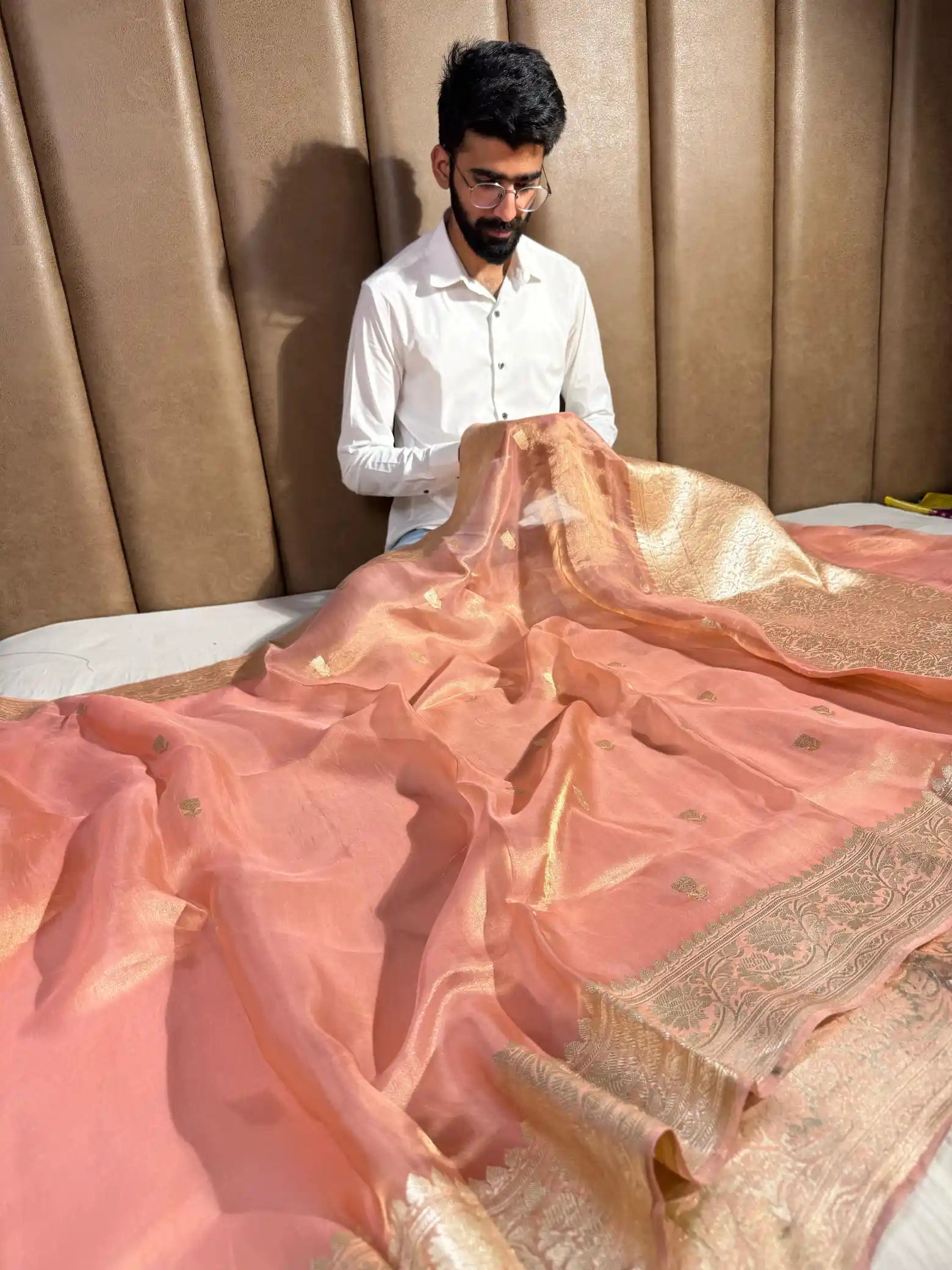 Goldish Peach Handwoven Pure Kadhua Tissue Silk Saree