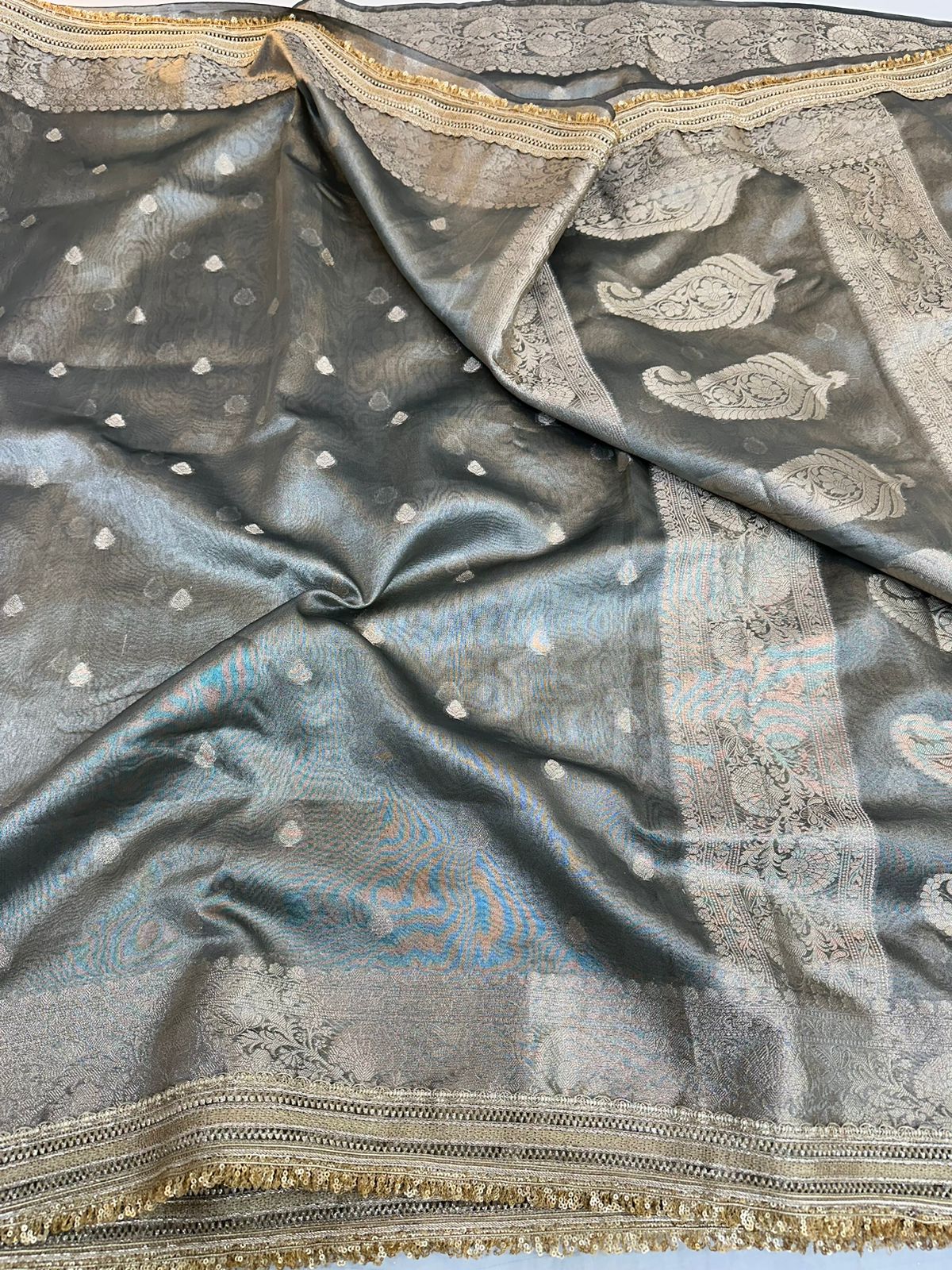 Gray Tissue Silk Lace Attached Banarasi Saree