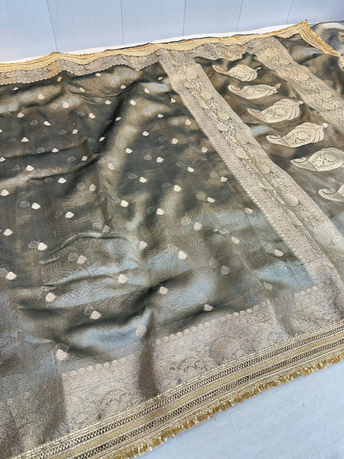 Gray Tissue Silk Lace Attached Banarasi Saree