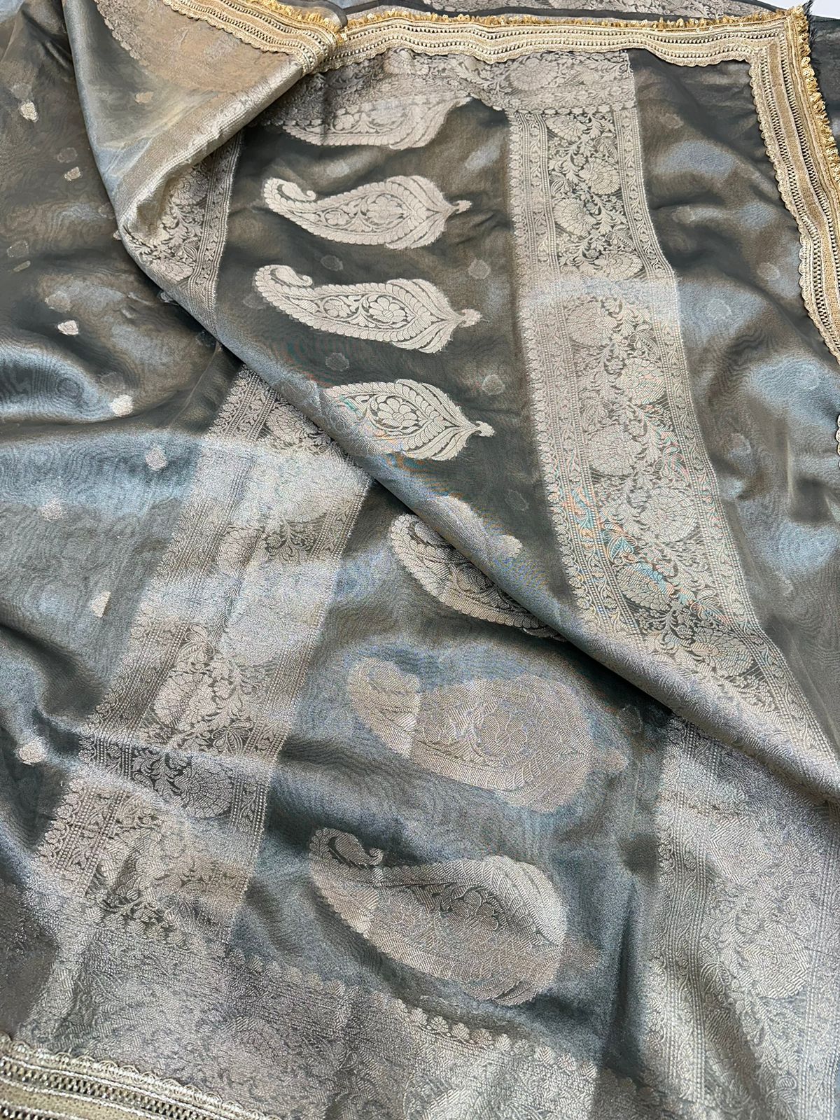 Gray Tissue Silk Lace Attached Banarasi Saree