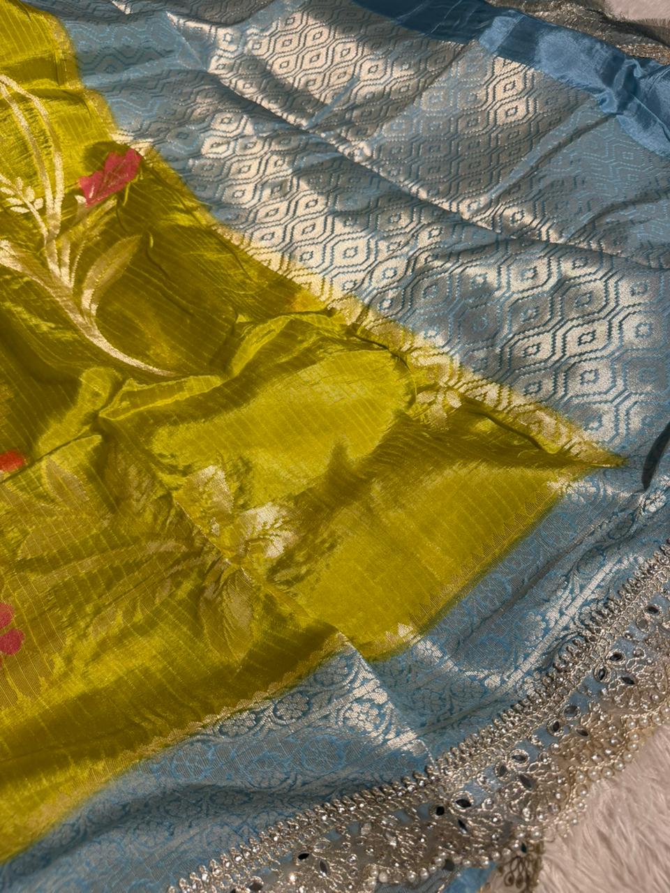 Green Firozi Premium Dupion Silk Lace Work Banarasi Saree
