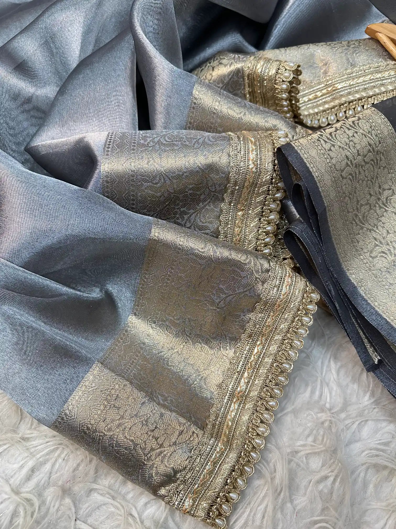 Grey Banarasi Tissue Silk Saree with Exclusive Lace Work