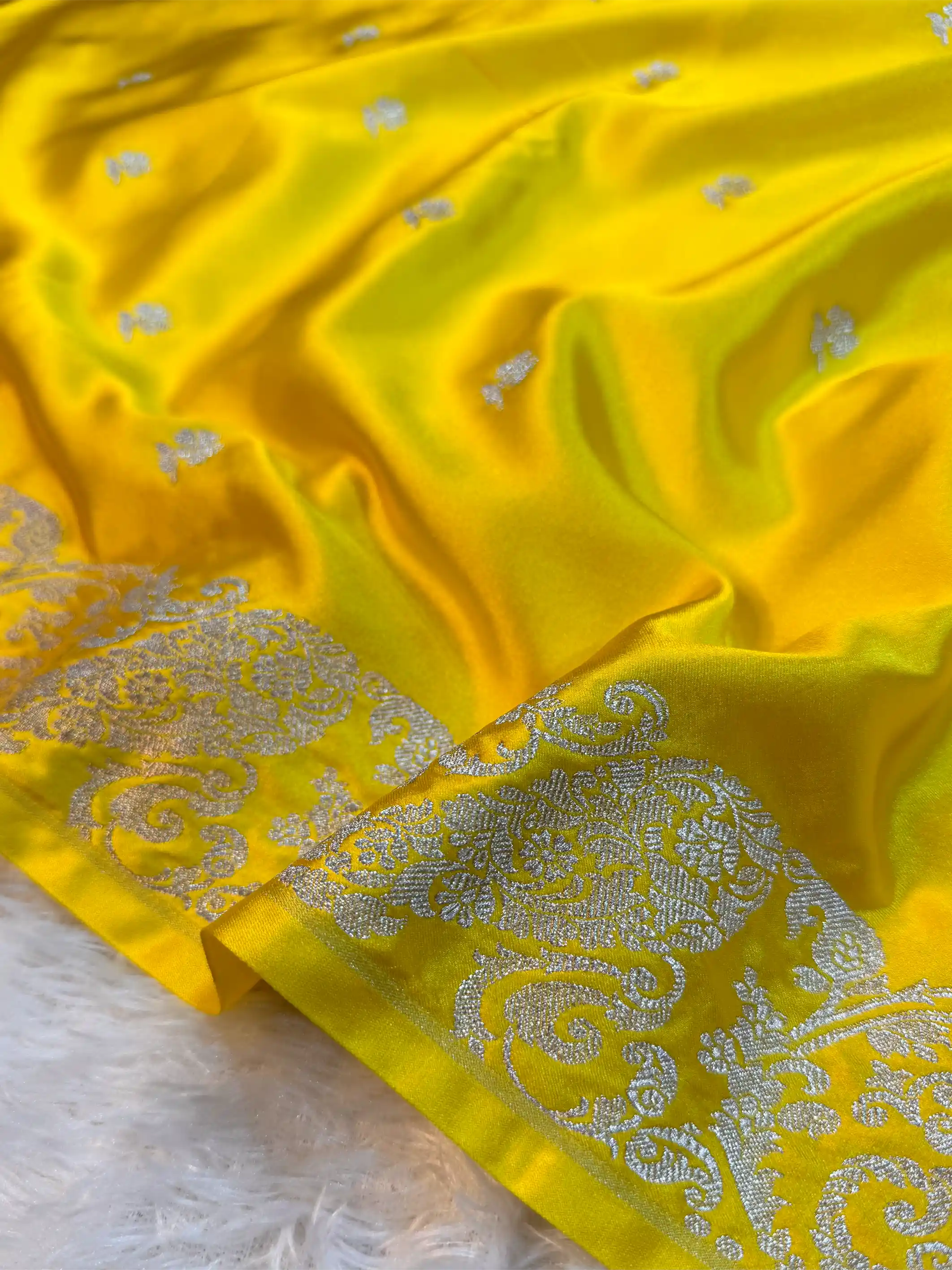 Haldi Special Bright Yellow Mashru Katan Silk Contemporary Weave Banarasi Saree