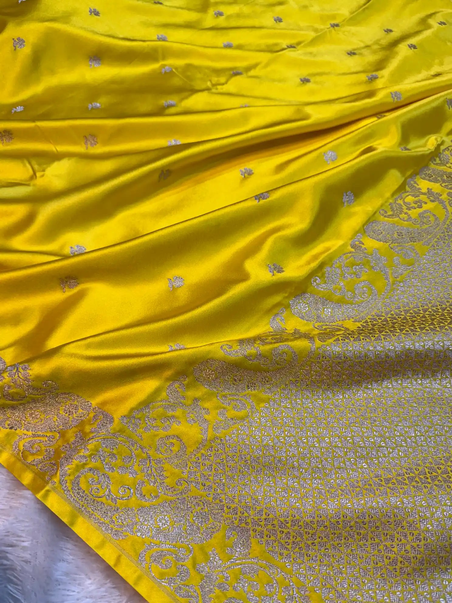 Haldi Special Bright Yellow Mashru Katan Silk Contemporary Weave Banarasi Saree