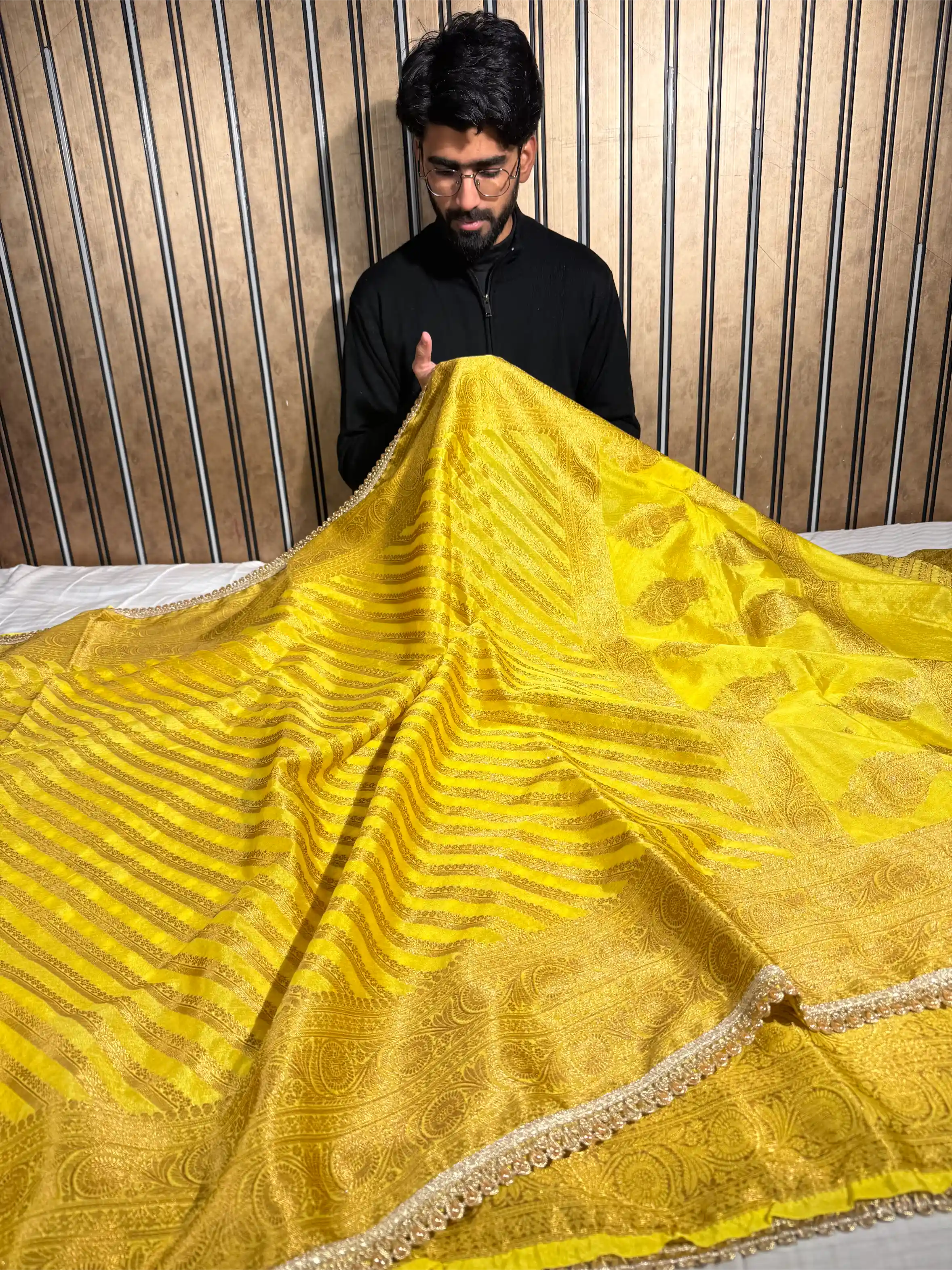 Haldi Yellow Georgette Silk Designer Lace Attached Banarasi Saree