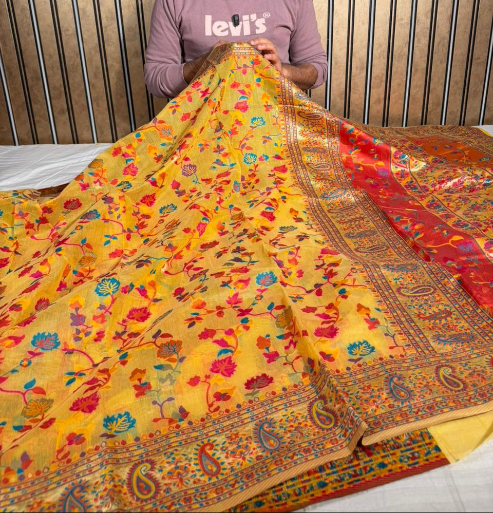 Haldi Yellow Soft Cotton Pashmina Tilfi Meenakari Banarasi Saree