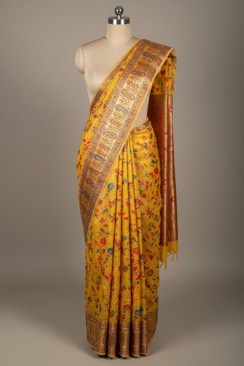 Haldi Yellow Soft Cotton Pashmina Tilfi Meenakari Banarasi Saree