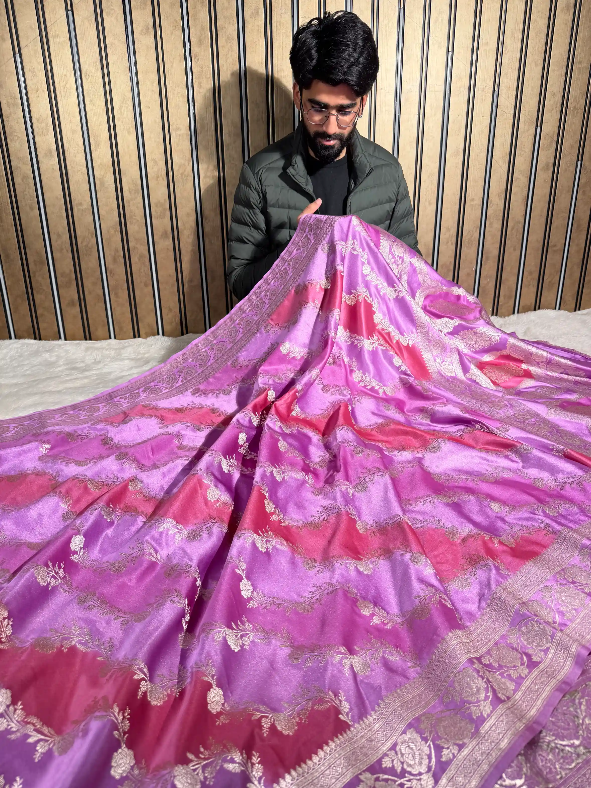 Handbrush Dyed Mashru Silk Leheriya Weave Banarasi Saree