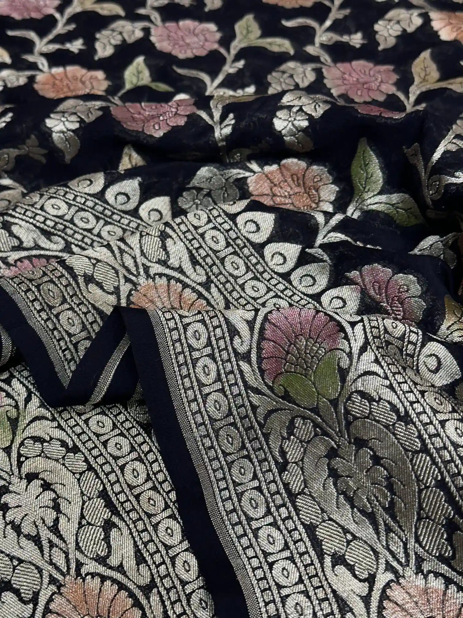 Handbrush Dyed Black Khaddi Georgette Banarasi Saree