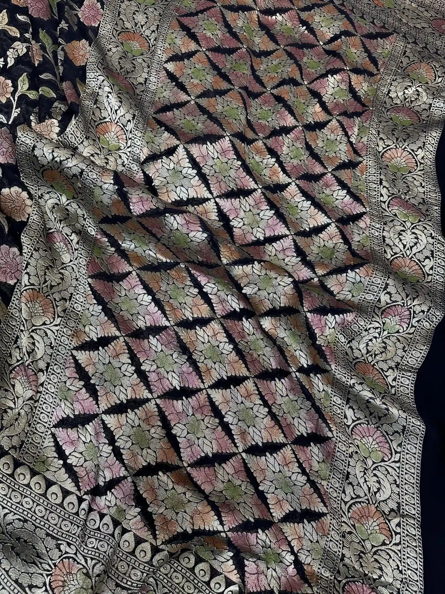 Handbrush Dyed Black Khaddi Georgette Banarasi Saree