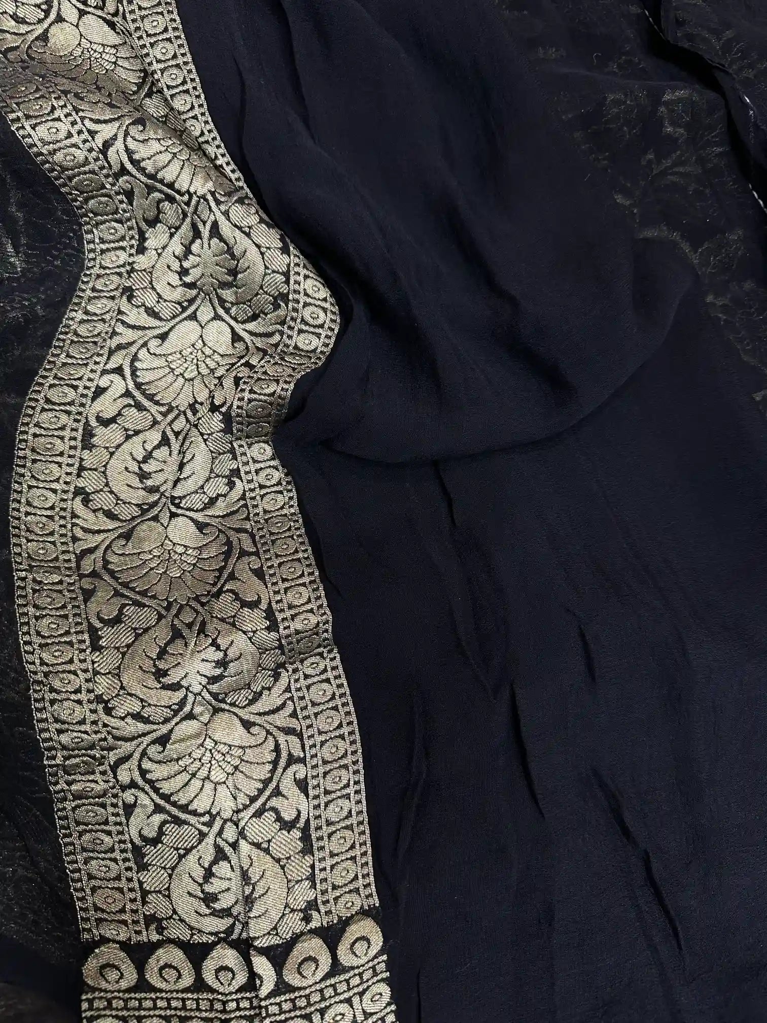Handbrush Dyed Black Khaddi Georgette Banarasi Saree