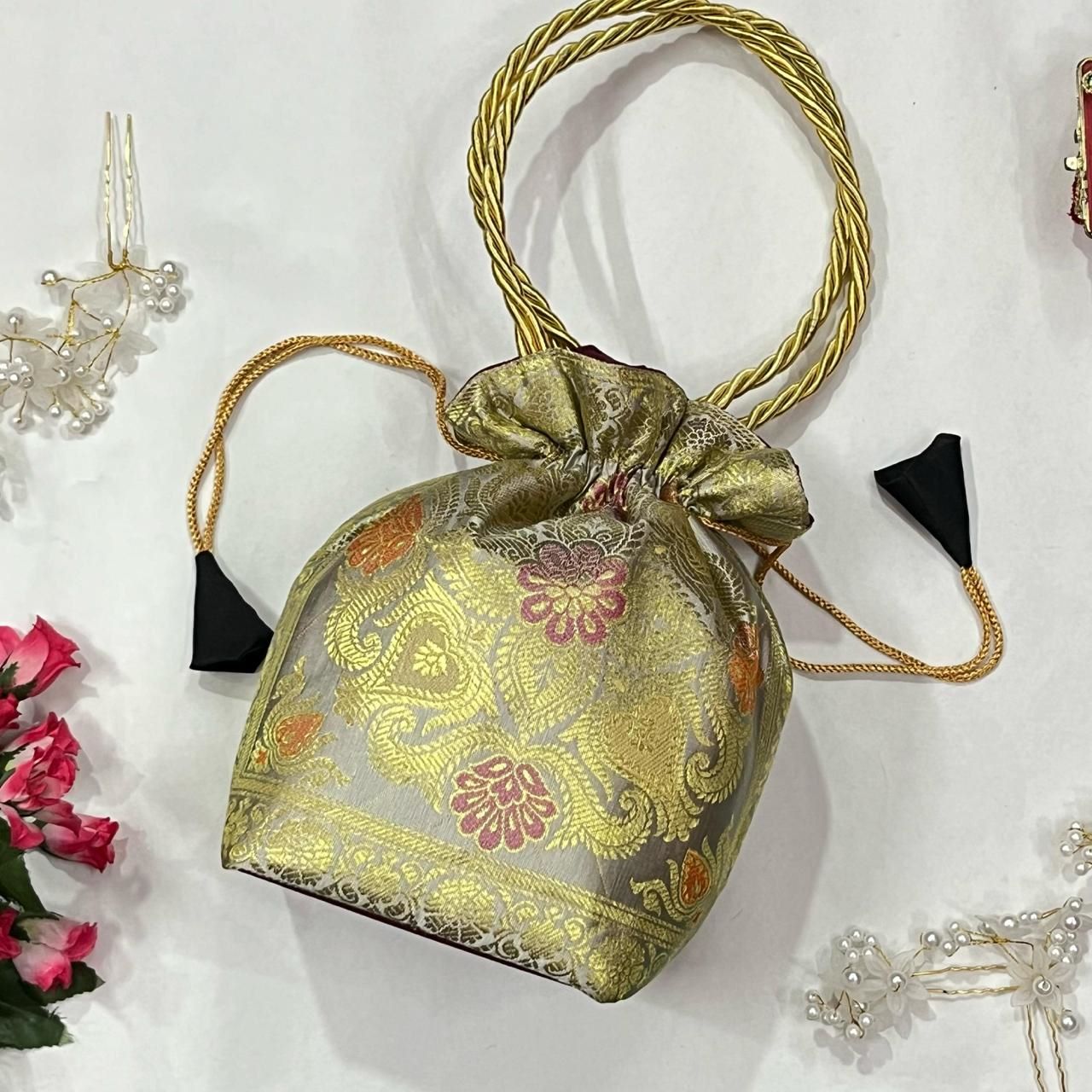 Stunning White Colour Banarasi Potali Bags