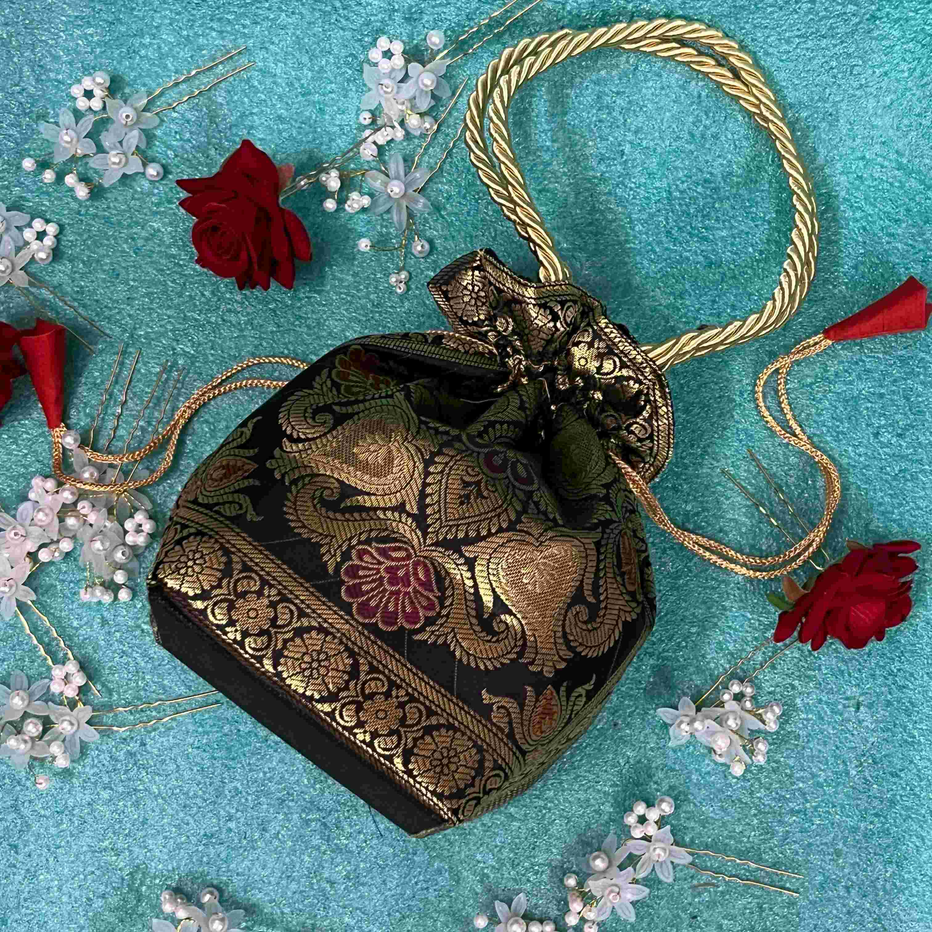 Stunning Black Colour Banarasi Potli Bags