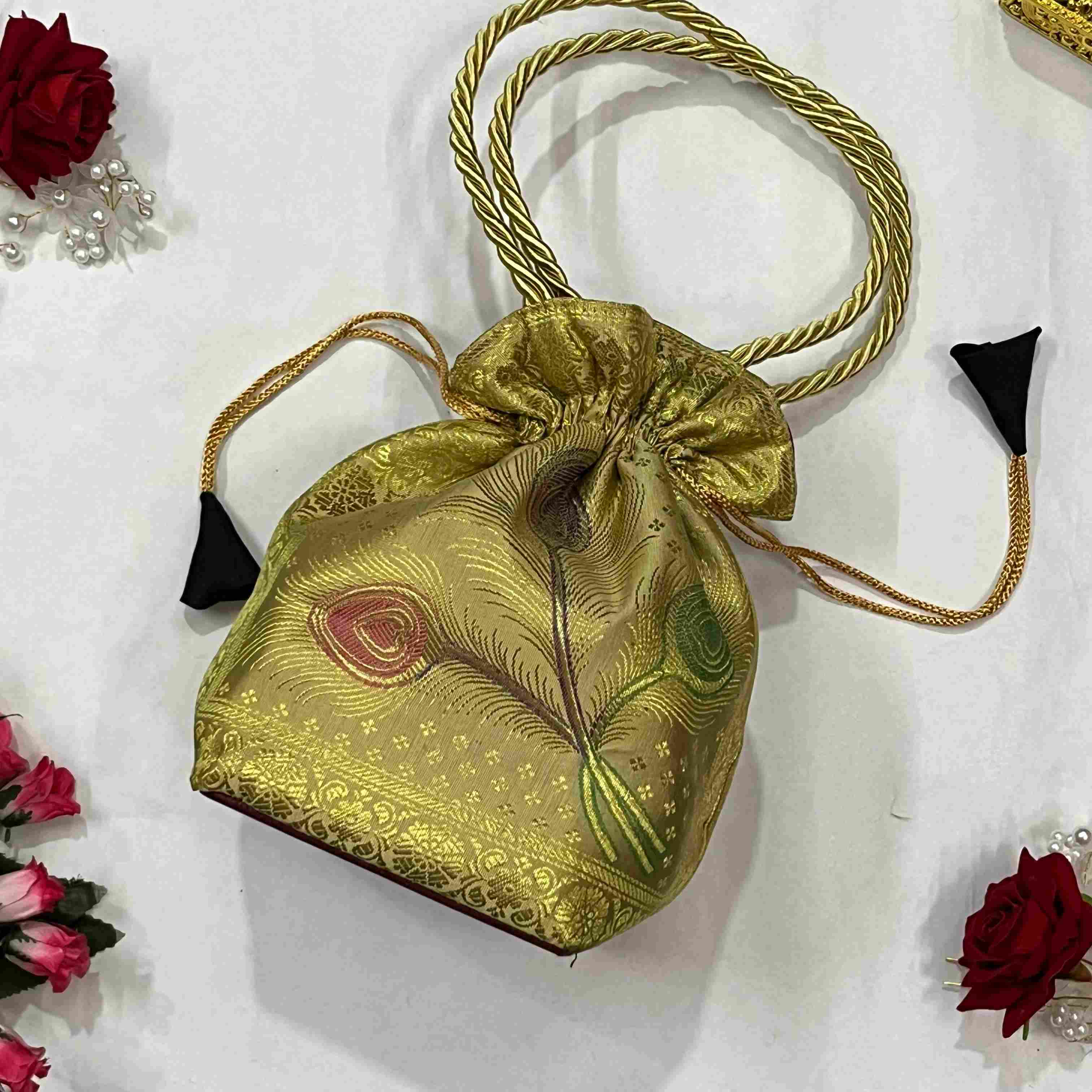 Ethnic Cream Colour Banarasi Potli Bags