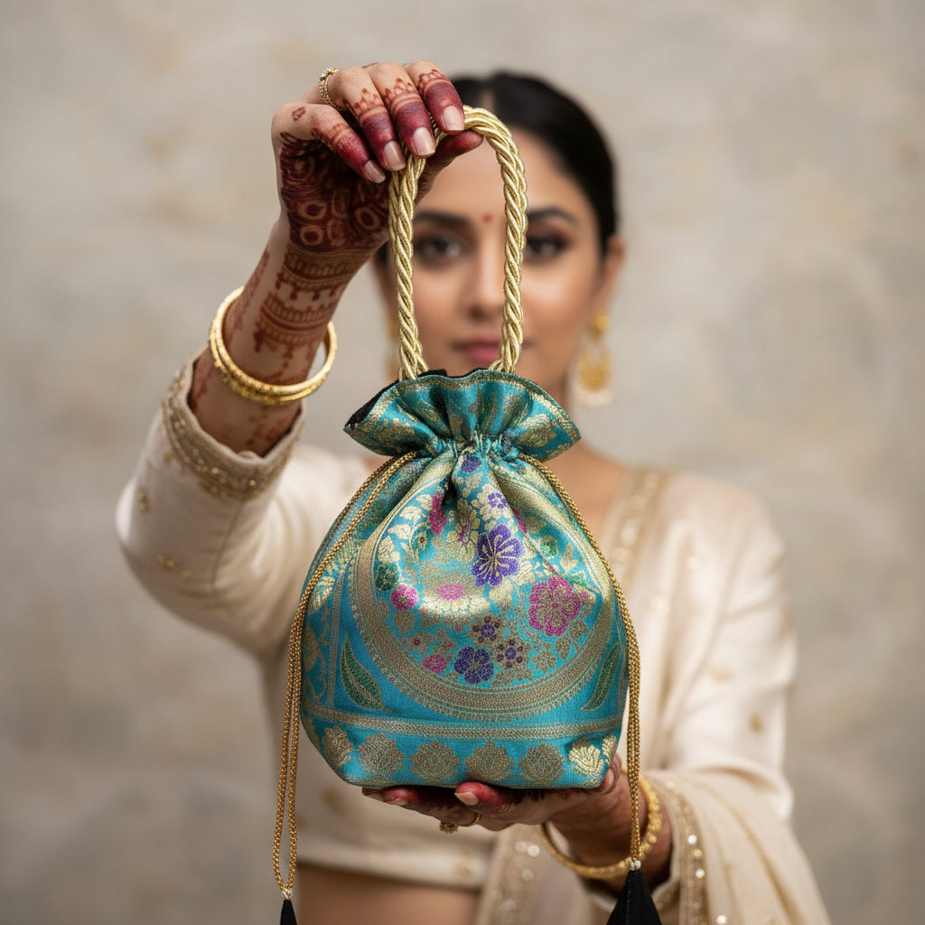 Light Blue Ethnic Banarasi Potli Bags