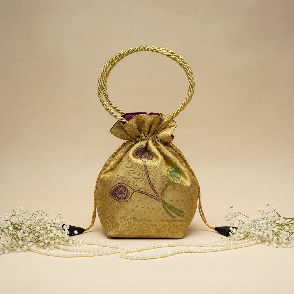 Ethnic Cream Colour Banarasi Potli Bags