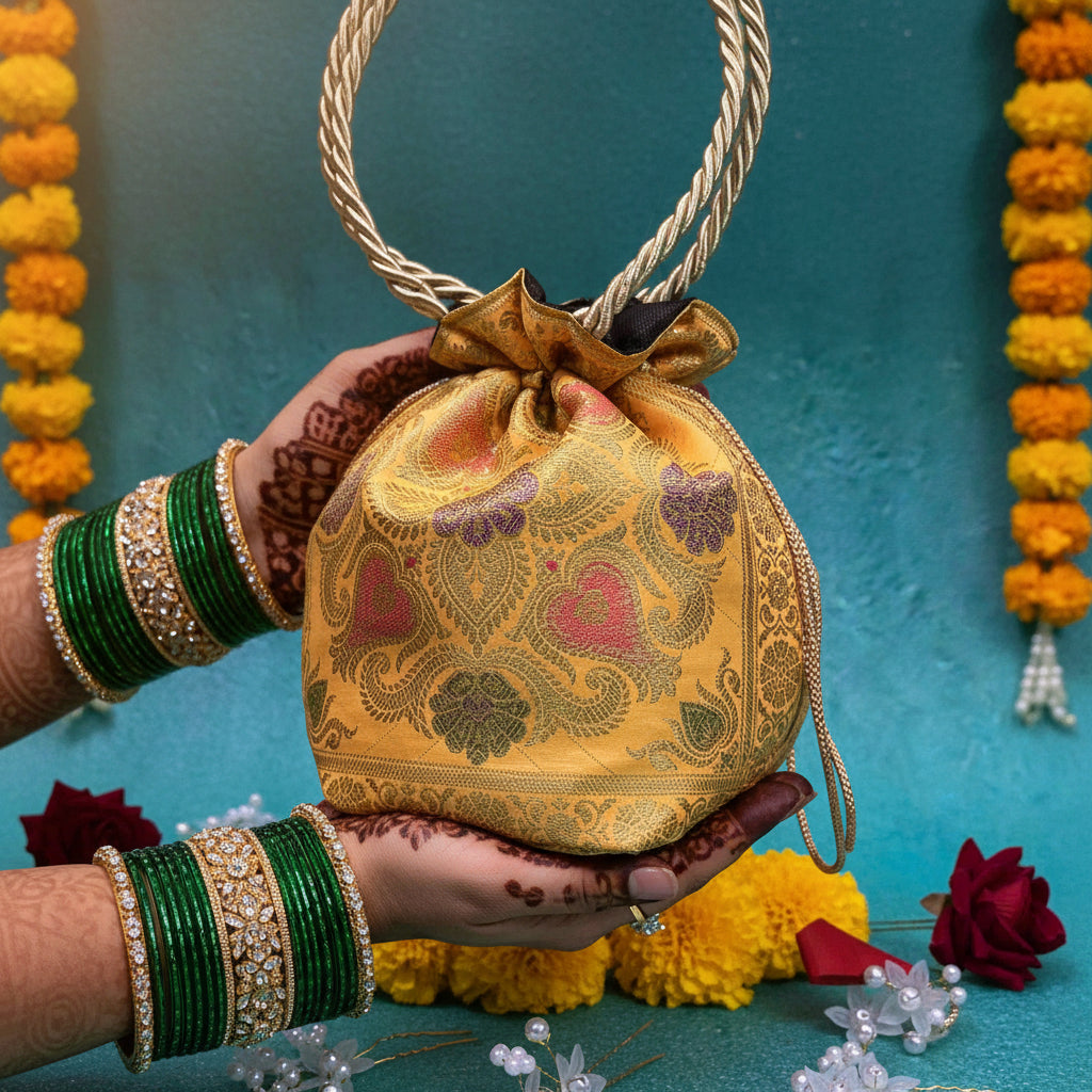 Beautiful Yellow Colour Banarasi Potli Bags