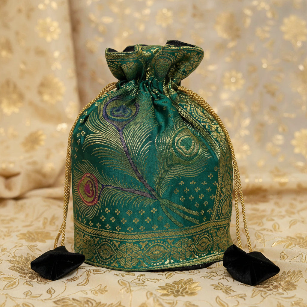Elegant Bottle Green Green Colour Banarasi Potli Bags