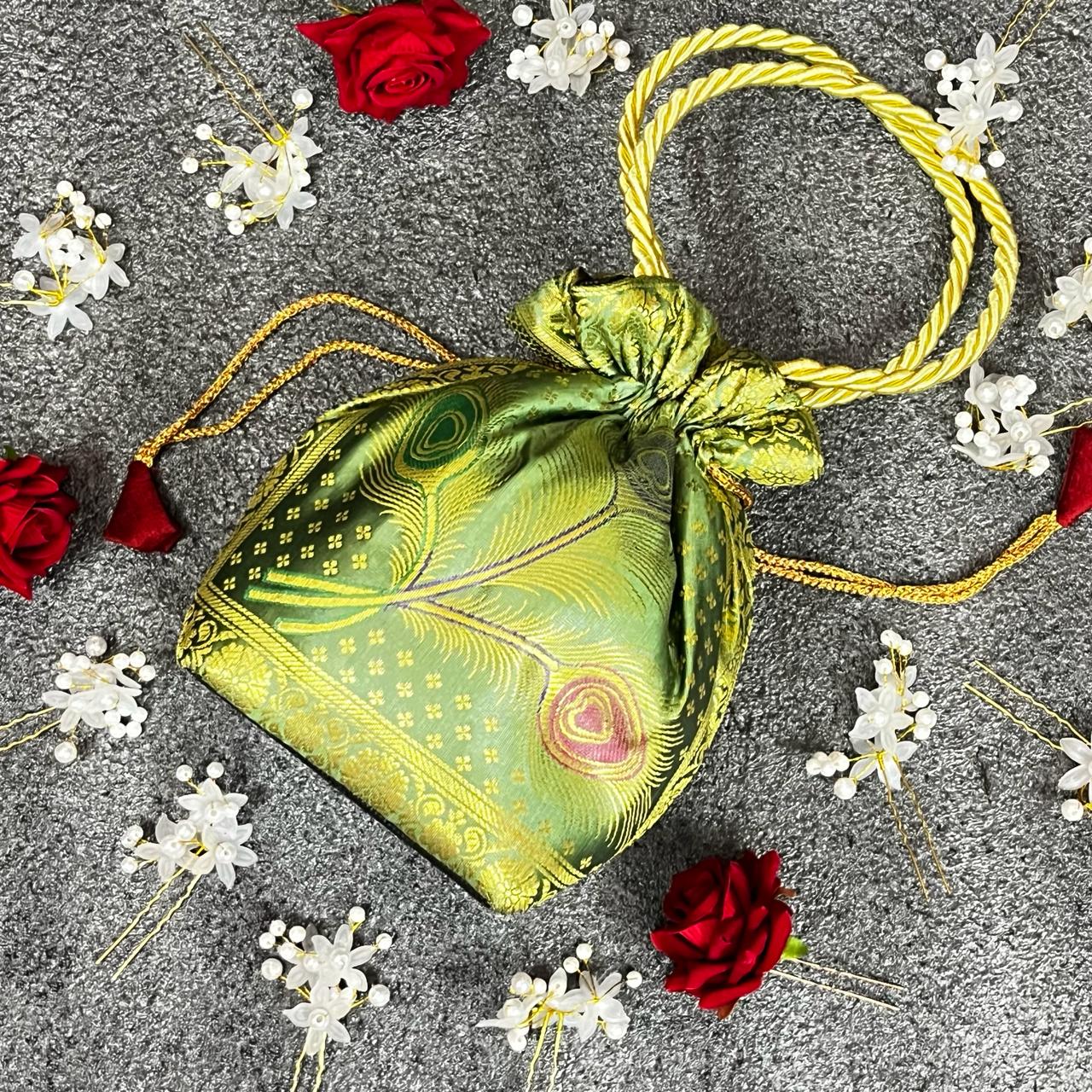 Stunning Pista Colour Banarasi Potli Bags