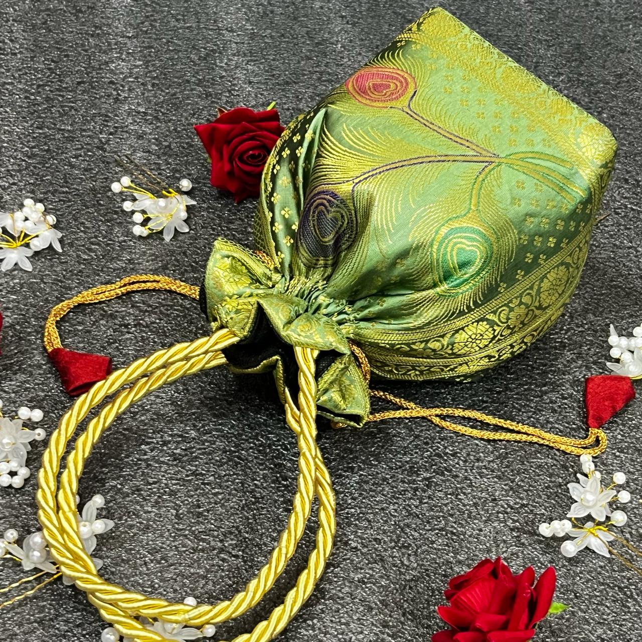 Stunning Pista Colour Banarasi Potli Bags