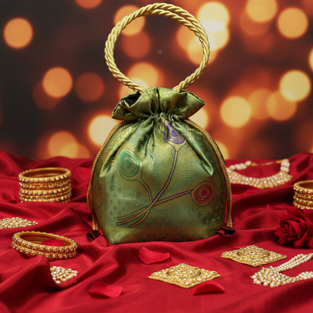 Stunning Pista Colour Banarasi Potli Bags