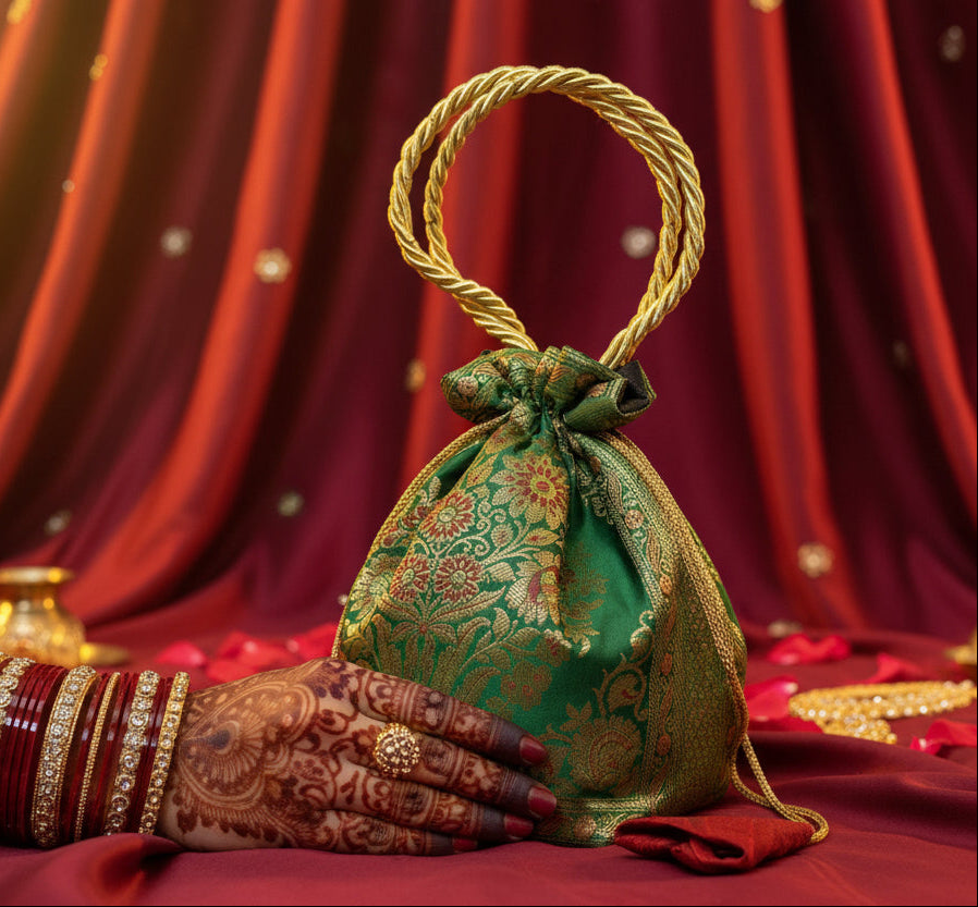 Stunning Green Colour Banarasi Potli Bags