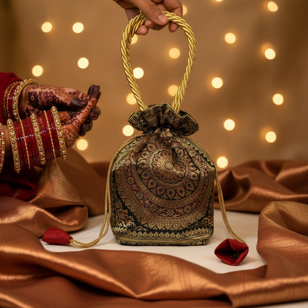 Stunning Black Colour Banarasi Potli Bags